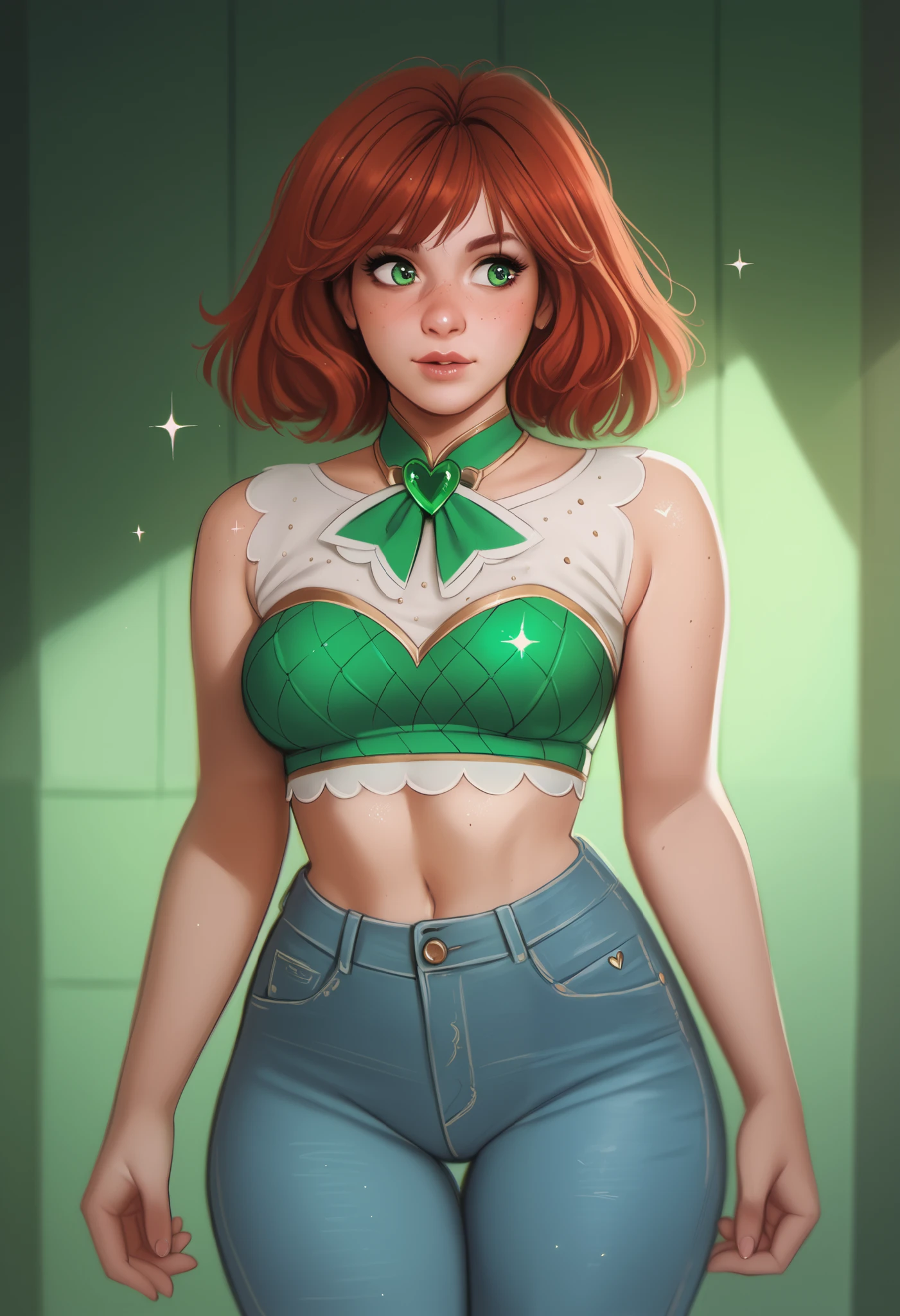 score_9, score_8_up, score_7_up, score_6_up,1girl, magical girl , p4l0m4, web comic,curvaceous young woman with long, wavy auburn hair and sharp, striking features. Her emerald-green eyes sparkle with mischief, and her confident posture reflects her bold personality,wears fitted jeans, crop top that highlight her figure. Her casual yet stylish outfits are always paired with accessories that reflect her adventurous personalit, indoor room background, standing