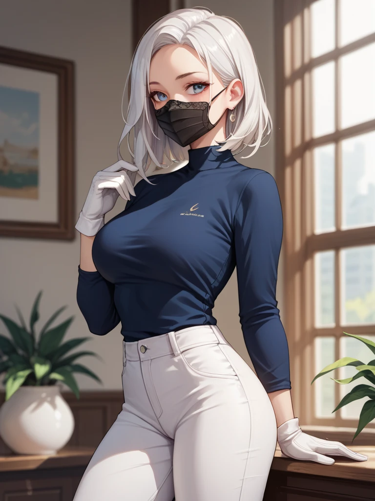 girl, white hair, long sleeved shirt, white gloves, white pants, beautiful, smooth cat mask