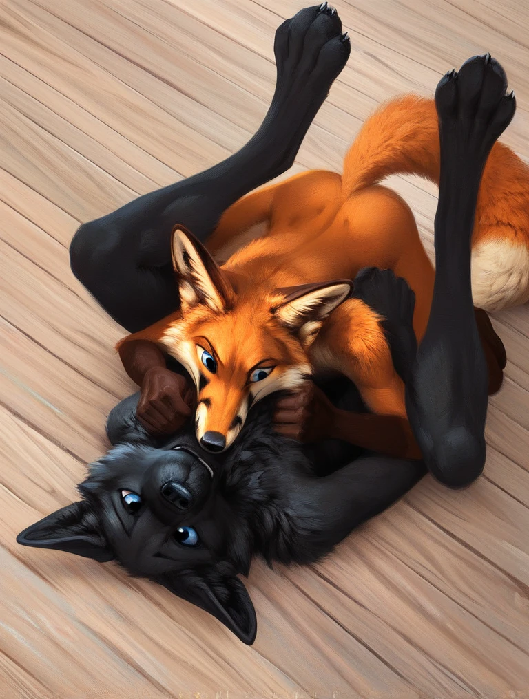 score_9, score_8_up, score_7_up, source_furry, rating_safe, by kenket, anthro, duo, male/male, wolf, black body, blue eyes, fox, orange body, cogirlstyle, legs, hand holding, 1 sneering fox, sad face, fullbody portrait, on floor, hind legs, black pawpads, fighting, face to face, birds eye view, riding, exhausted fox, legs spread, feet up, squeezing legs, normal proportions, athletic, strong 
