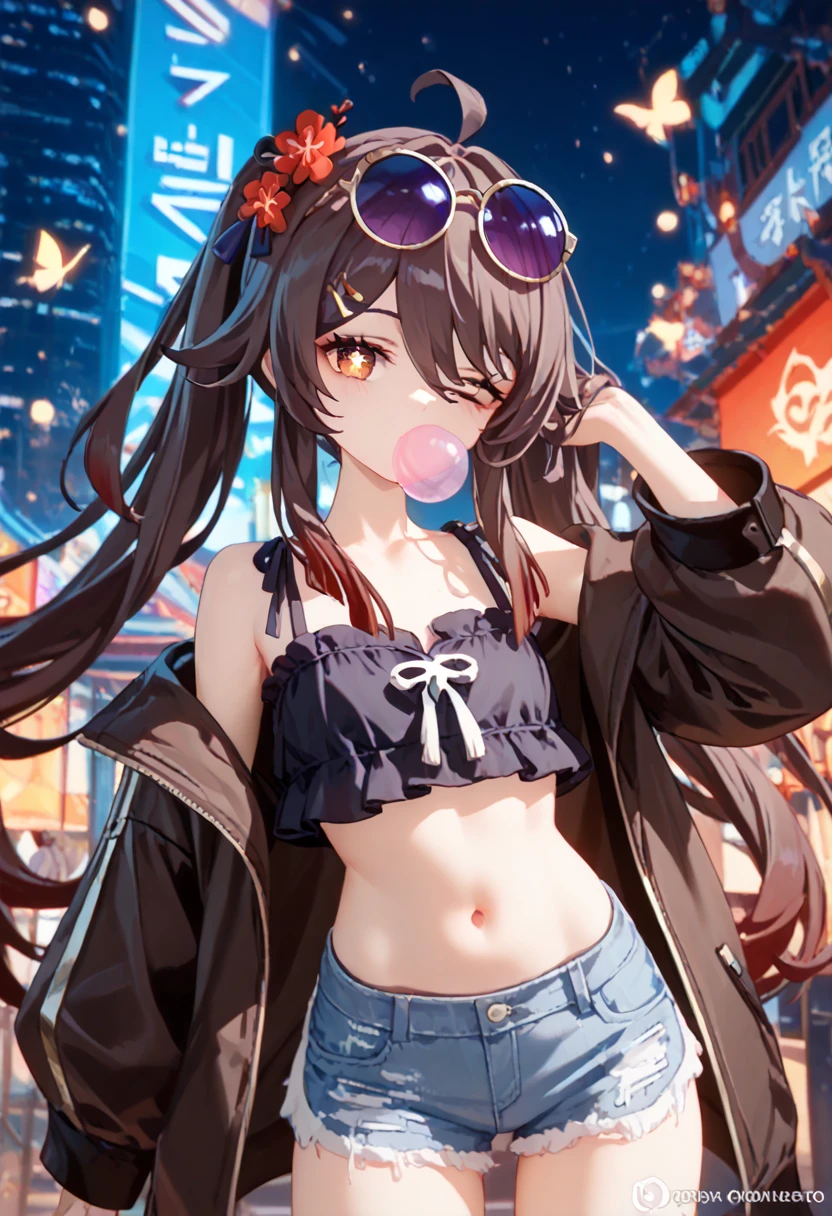 Best quality,  top quality, hu tao, genshin, Cyberpunk clothes, flat chest, skinny body, medium hair,  belly button out, black hair 、hairclip, hairband hair bow, sleepy eyes, daisy duke shorts, frill crop top, oversized fleece jacket,  Bubble Gum , round eyewear, purple sunglasses, eyewear on head, ahoge, hand in own hair