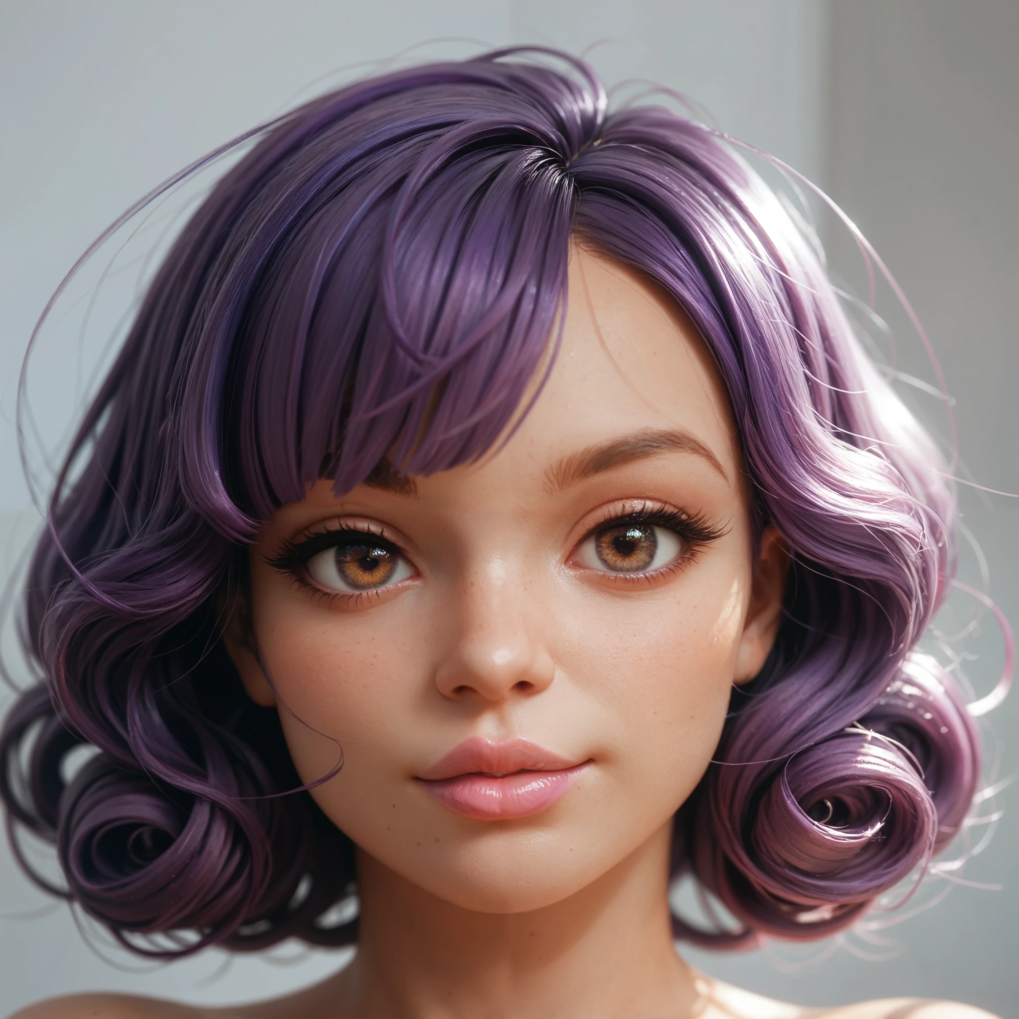 female, curvy, thick, sexy, lovely, very short curled dark purple hair, curled side bangs, hazel eyes, pink tan skin, dull pink lip stick, pleased, naked, head shot, head, close up,