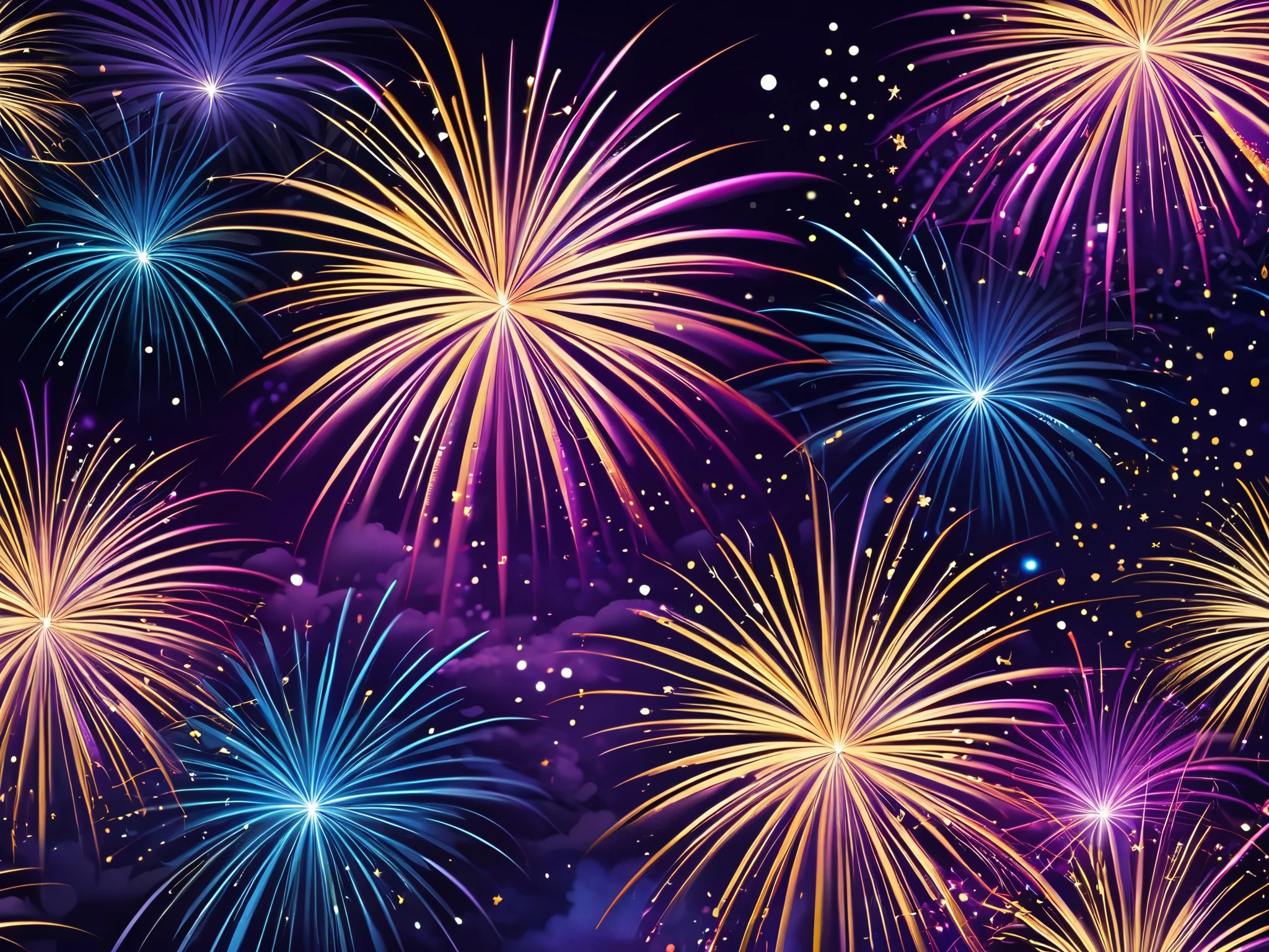 Create a vibrant fireworks-themed wallpaper featuring a dark purple night sky filled with sparkling stars. Add large, colorful bursts of fireworks in shades of gold, pink, and blue, with dynamic trails of light radiating outward. Include soft clouds of smoke in the background to enhance the realism and depth. Ensure the design conveys a festive and celebratory atmosphere, with vivid colors and high contrast to make the scene visually striking.