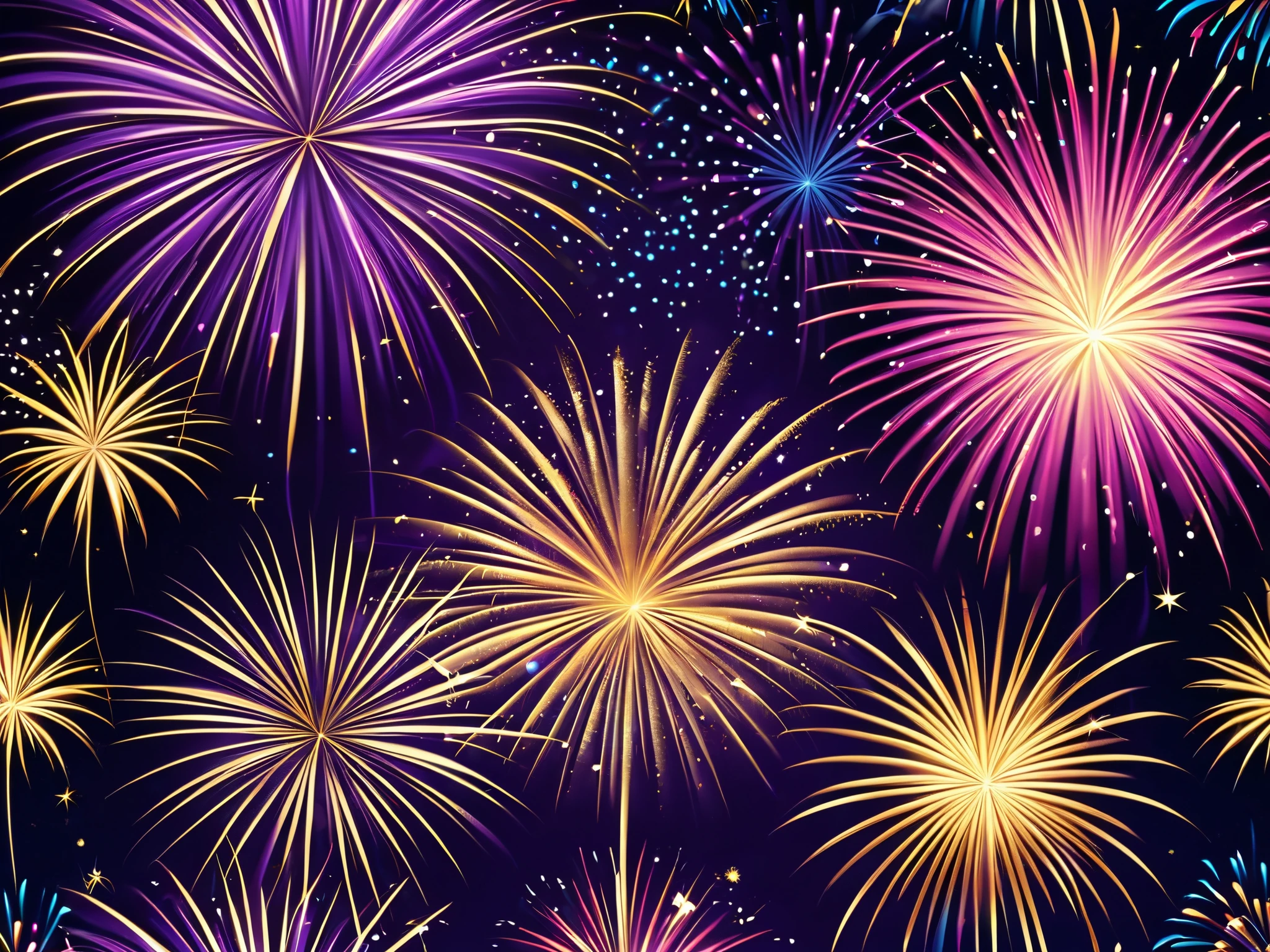 Create a vibrant fireworks-themed wallpaper featuring a dark purple night sky filled with sparkling stars. Add large, colorful bursts of fireworks in shades of gold, pink, and blue, with dynamic trails of light radiating outward. Include soft clouds of smoke in the background to enhance the realism and depth. Ensure the design conveys a festive and celebratory atmosphere, with vivid colors and high contrast to make the scene visually striking.