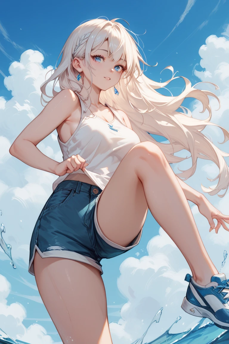 Satoru is a 20-year-old girl , with size 7 breasts,  with blue eyes , white long hair,  wearing a white sleeveless tank top,  in short shorts .  She stands on one leg ,  and lifts the second one straight up