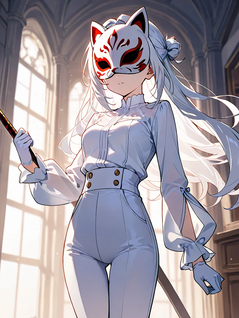 girl, white hair, long sleeved shirt, white gloves, white pants, beautiful, smooth white cat mask