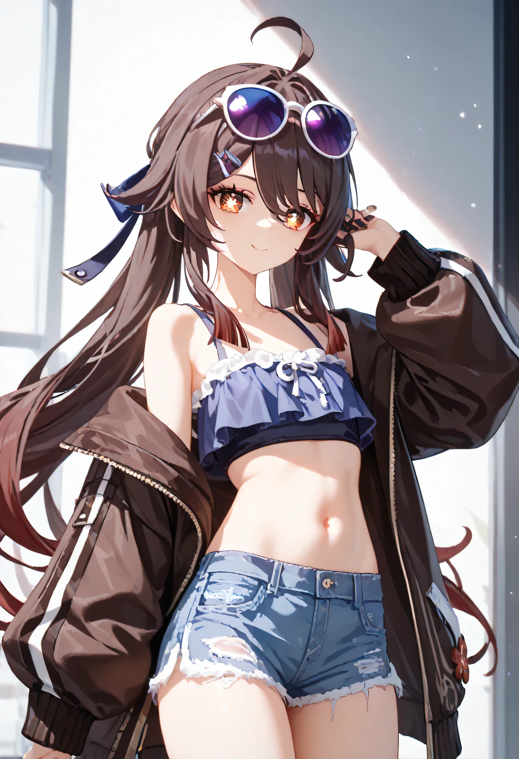 Best quality,  top quality, hu tao, genshin, cyberpunk clothes, flat chest, skinny body, medium hair,  belly button out, black hair 、hairclip, hairband hair bow, daisy duke shorts, frill crop top, oversized fleece jacket, round eyewear, purple sunglasses, eyewear on head, ahoge, hand in own hair