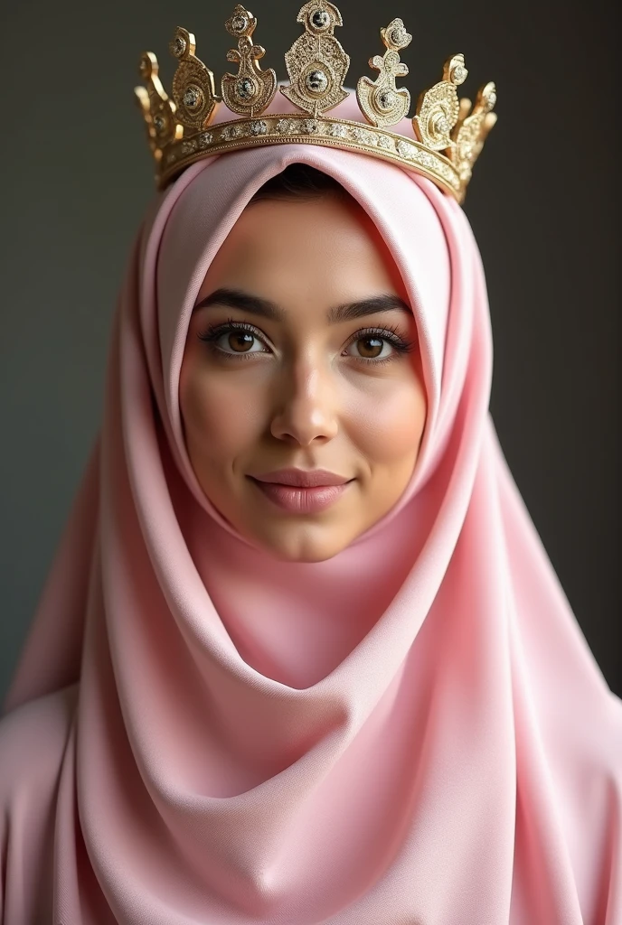 a woman wearing a minimalist red lace hijab, a minimalist red lace wedding dress, a minimalist gold crown, posing with a gorgeous expression, (best quality,4k,8k,highres,masterpiece:1.2),ultra-detailed,(realistic,photorealistic,photo-realistic:1.37),highly detailed face, beautiful detailed eyes, beautiful detailed lips, extremely detailed eyes and face, long eyelashes, intricate details, tight dress, large breasts, minimalist design, elegant, romantic, soft lighting, warm color tones