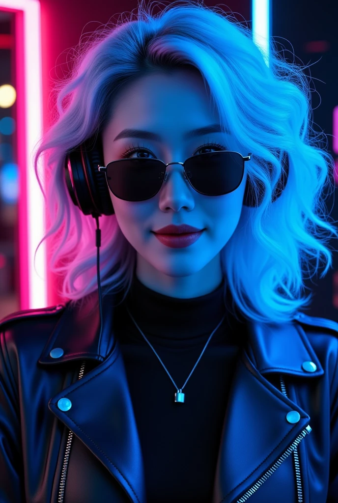 L1, beautiful woman wearing curly hair and sunglasses wearing large headphones、 wearing large headphones - earpiece or surround、 Room of Darkness 、Neon Cyberpunk at night 、 coordinator Neon Glow ,White Hair, 8K Octane, Baroque, Blue eyes, Motion Lines, full body
