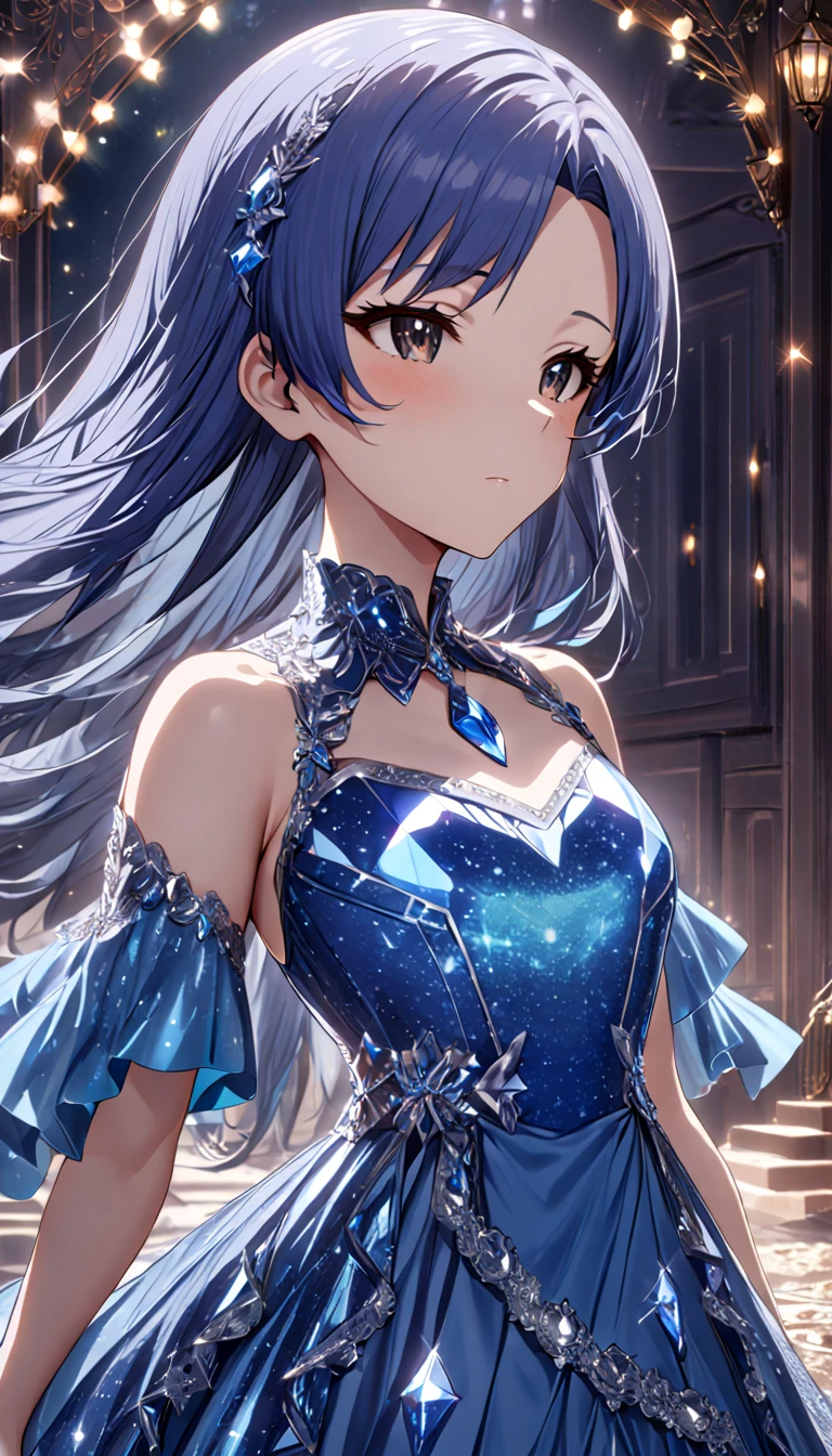  1 girl,Pixie_cut_hair,steelblue hair,asymmetrical 前hair,前hair_Pulled_return, right forehead exposed , steel blue eyes , とても長いhair,  Blue Hair, 前hair,   brown eyes,  flat chest,  blue moonstone crystal dress