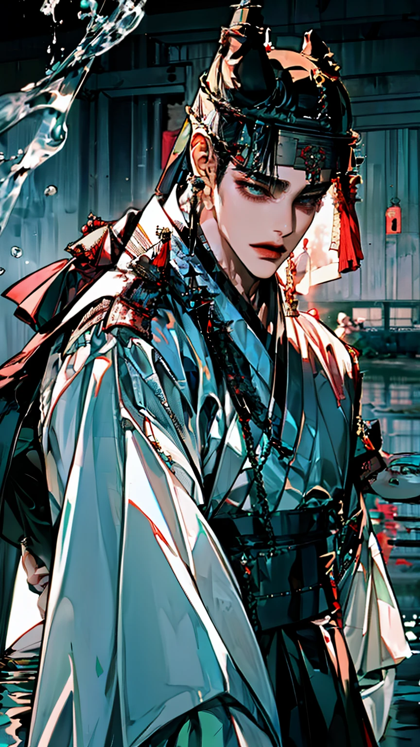 boy,   wolf cut hairstyle,   black hair in water,   sharp eyes ,   White Skin  ,  Can be seen from the side., ((hanbok)), Mint eyes 