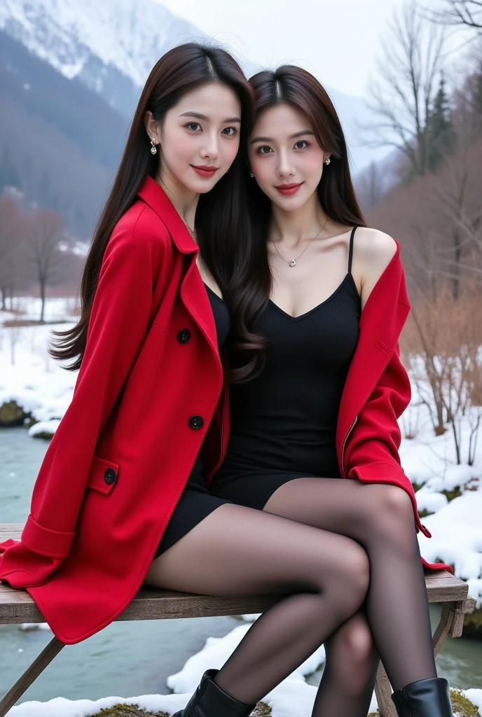 L1, realistic image, cute korean woman, 20 years old, white skin, korean makeup, double eyelid, long eyelashes natural libs, small piercings on ears, thin golden necklace, black straight long hair, big bust, wearing red cape coat and mini skirt, black ankle boots with 9 inch heels, black pantyhose, long legs, thin waist, smiling faintly, full body image, dating with friend, leaning on a bench beside a stream in winter mountain