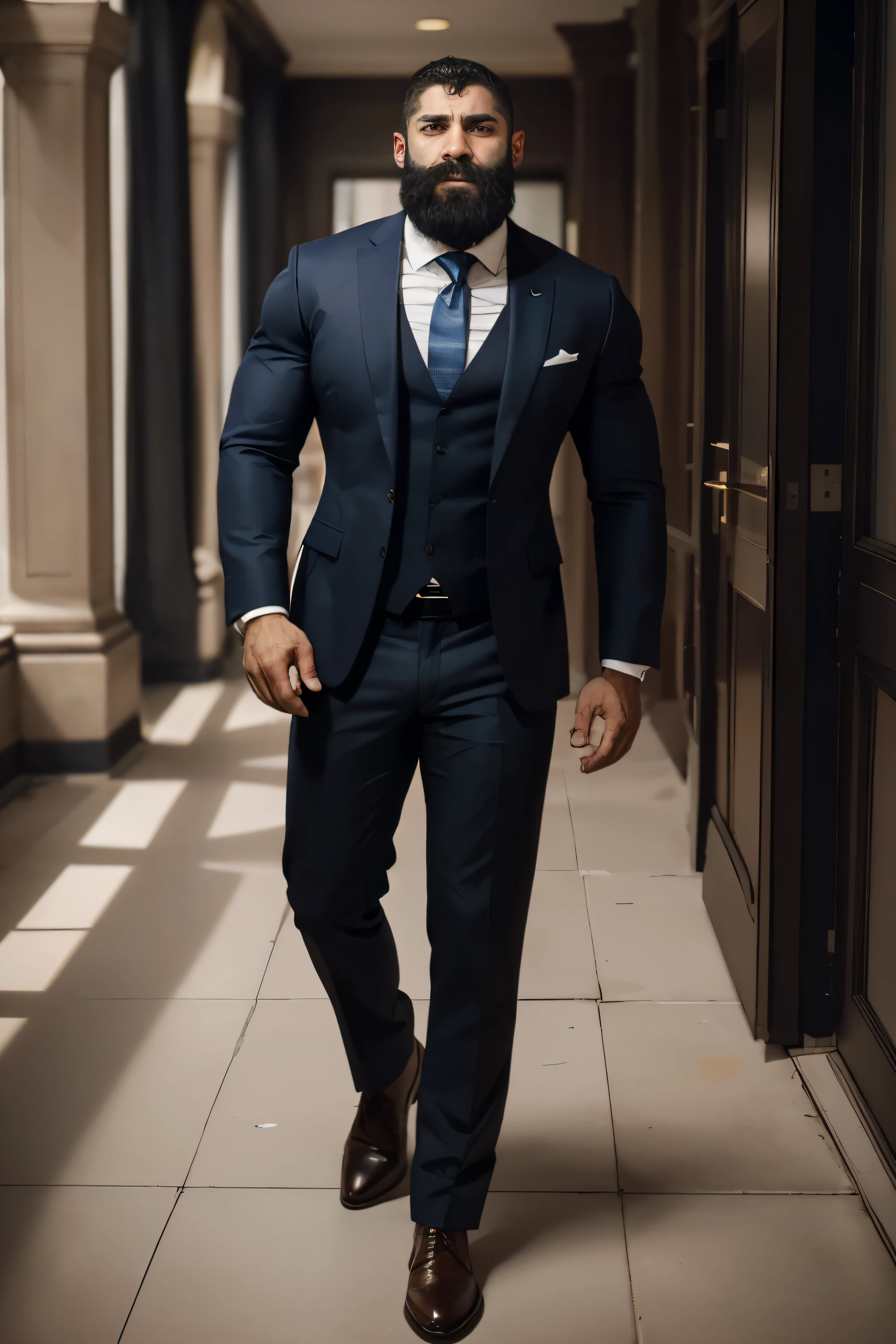 doumit ghanem,  solo,  looking at viewer, dominant, intimidating, short hair,  very muscular frame,  beard, arrogant,  elegant clothes, suit, tie, best quality, full body, photorealistic, 