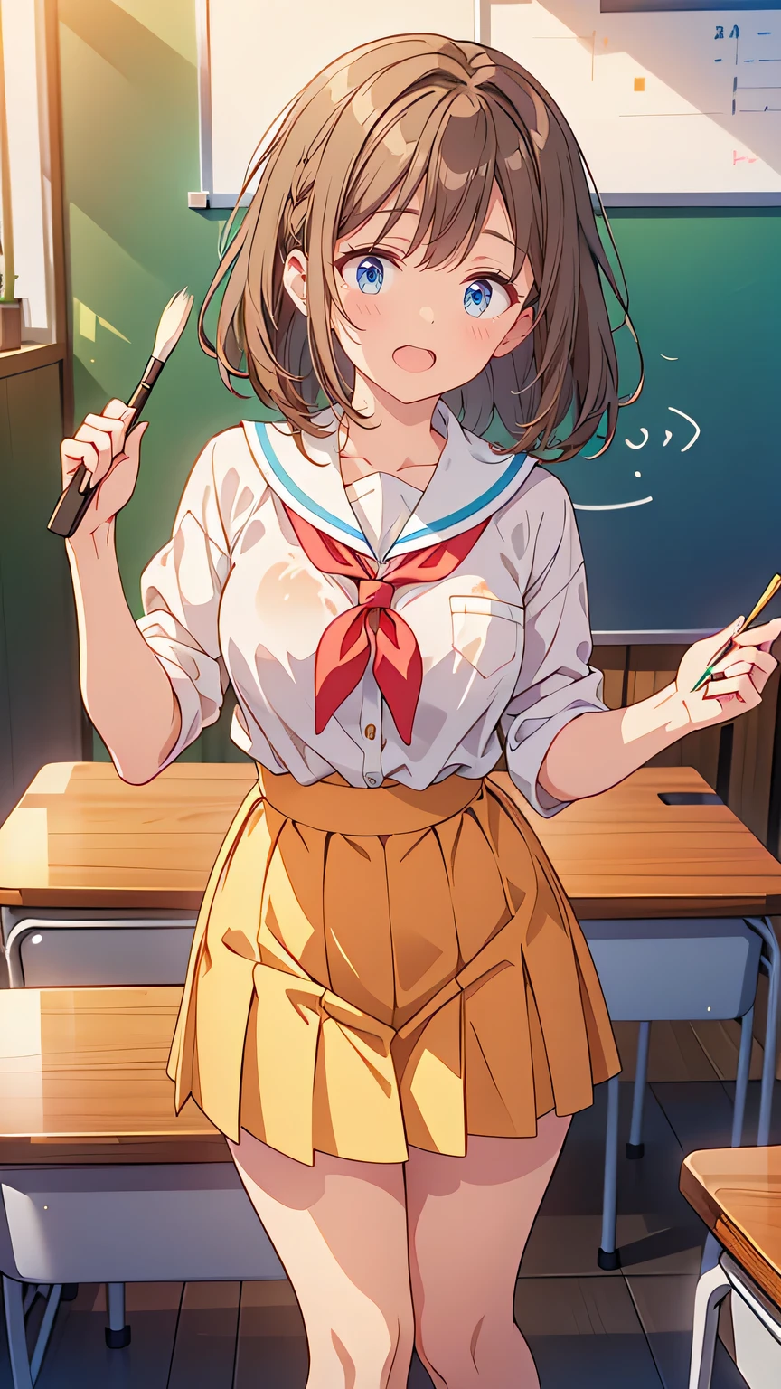 “A cheerful high school girl with shoulder-length light brown hair and a bright, friendly smile. She is wearing her school uniform but has a playful, casual vibe. She is holding a calligraphy brush with ink stains on her hands, laughing as she talks to her friends. Her demeanor is energetic and light-hearted, reflecting her role as the club’s mood maker. The background shows a lively classroom filled with students working on their calligraphy, and her carefree attitude brings a sense of warmth and camaraderie to the scene.”