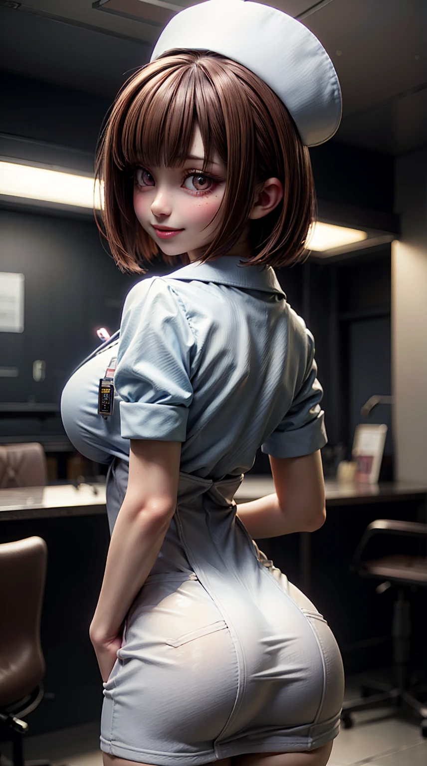 One Girl, alone,Black Nurse, black nurse cap, Black clothes, ((Black legwear, zettai ryouiki)), Black gloves, Very short hair, Orange Hair, smile, Open your mouth, Are standing, ((Hospital room)), Sharp contours, Short sleeve, Tomboy, boyish, highest quality, masterpiece,facial,Heart symbol、uterine orifice、Fertilization, Glasses,Voice of the Heart,Breast milk,Ecstatic expression、yandere、Until death、Purple eyes,blush、Downward shot