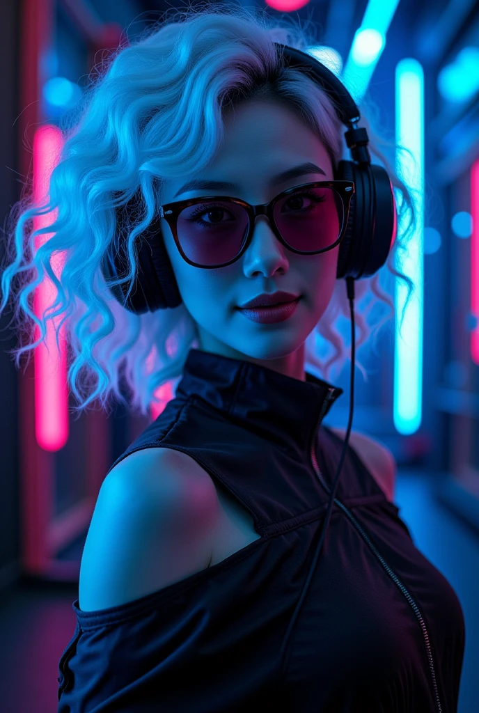 L1, beautiful woman wearing curly hair and sunglasses wearing large headphones、 wearing large headphones - earpiece or surround、 Room of Darkness 、Neon Cyberpunk at night 、 coordinator Neon Glow ,White Hair, 8K Octane, Baroque, Blue eyes, Motion Lines, full body
