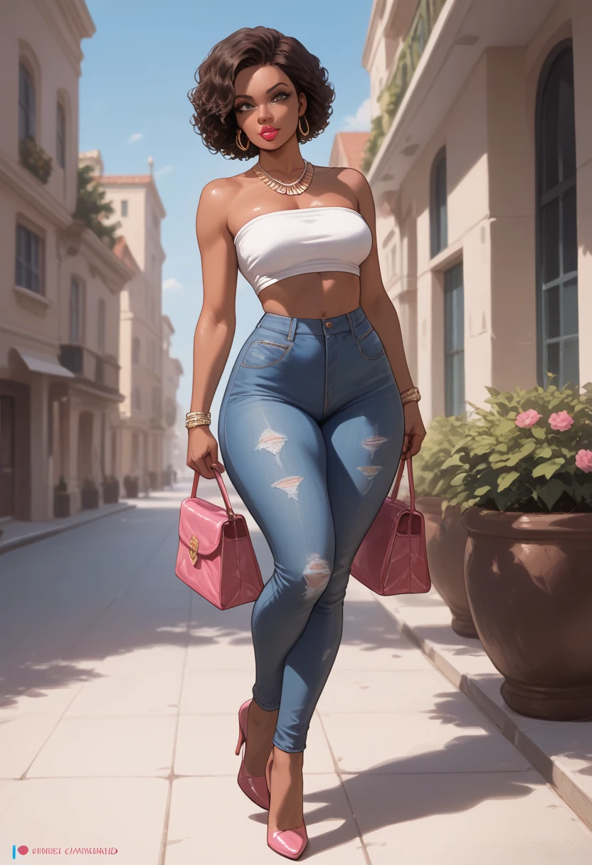 Almond-eyed Dark Mocha-skin tonned African-American woman with Short dark curly hair, juicy lips, a large chest, thick thighs, Perfect hands, She is walking up to viewer . She is wearing a white tube top , lipgloss , pink heels, and a jean plated skirt. She  has a seductive look  in her eyes.