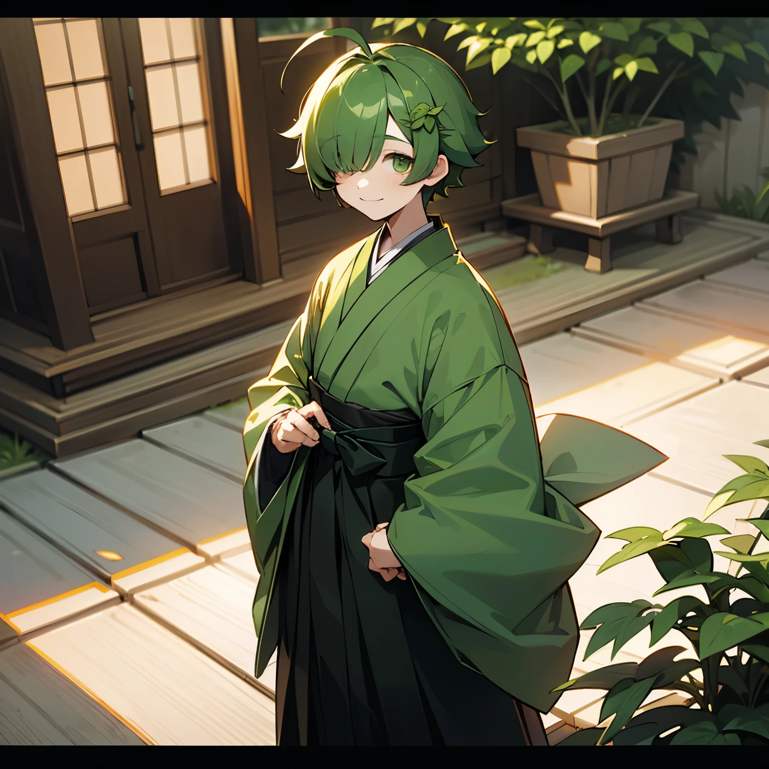 (boy), Dryad, green ivy hair, green eyes, short cut, side part, ahoge, hair over one eye, thin eyebrows, smiling, young, alone, short, Shota, hakama, japanese clothes, japanese coat, plant hair accessory, Solo, shrine, New Year
