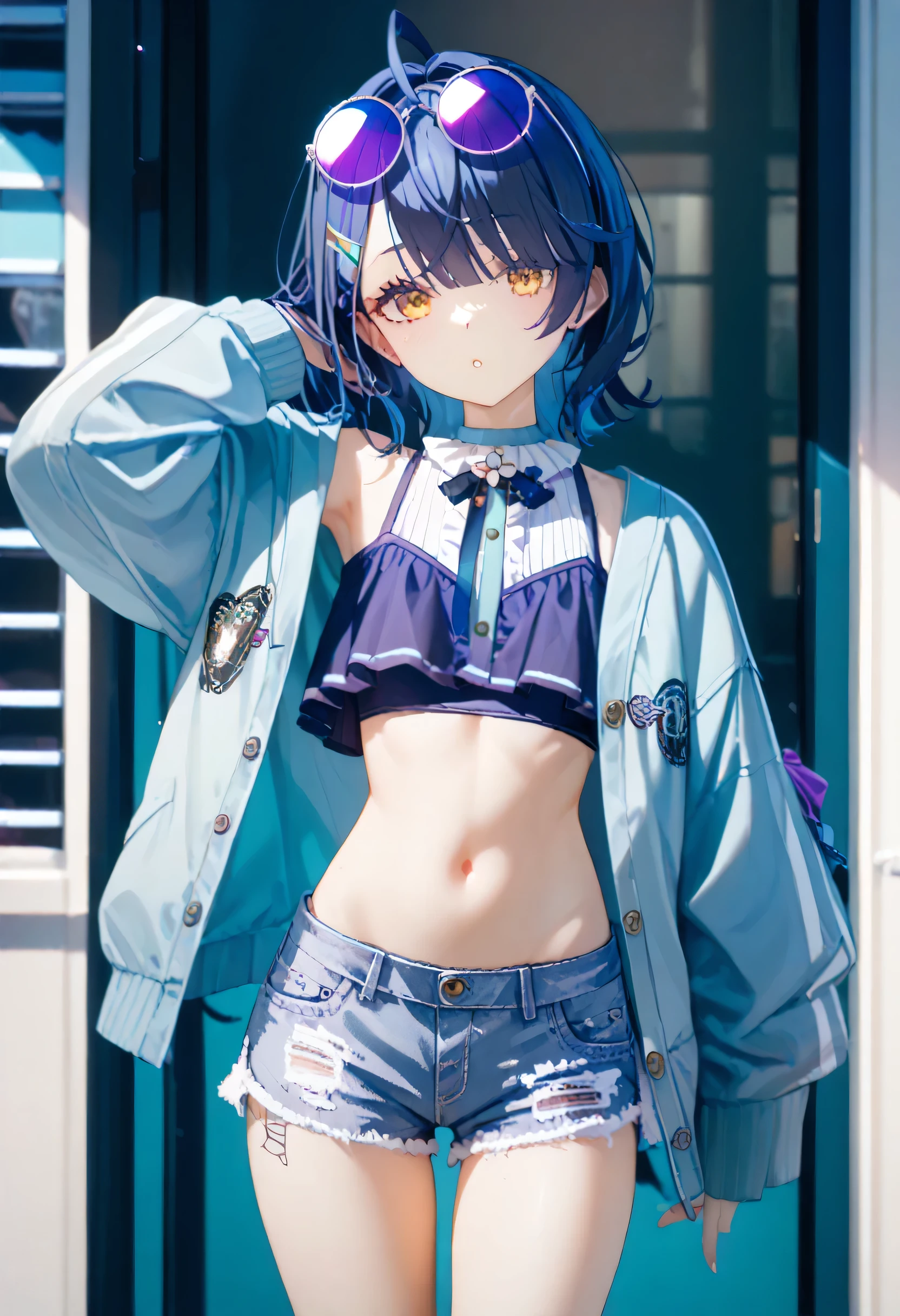 top quality , top quality, amamiya kokoro , Nijisanji, cyberpunk clothes , flat chest, slender body, medium hair, belly button out, black hair 、 hair clip, headband hair bow , daisy duke shorts , ruffle crop top , oversized fleece jacket, round eyewear , purple sunglasses , Glasses on head, , do your own hair