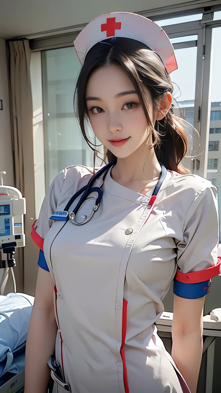 Full body portrait、Young and very beautiful nurse in sexy tight and revealing nurse uniform、Big breasts that seem to burst out of the nurse uniform、Highly detailed facial features、Long eyelashes、Thick lips、Beautiful Eyes、Perfect Skin、Ideal proportions、Nurse cap、Holding a medical clipboard、Captivating look、Photorealistic、8k、Super detailed、Cinematic lighting、Dramatic Shadows、Warm tones