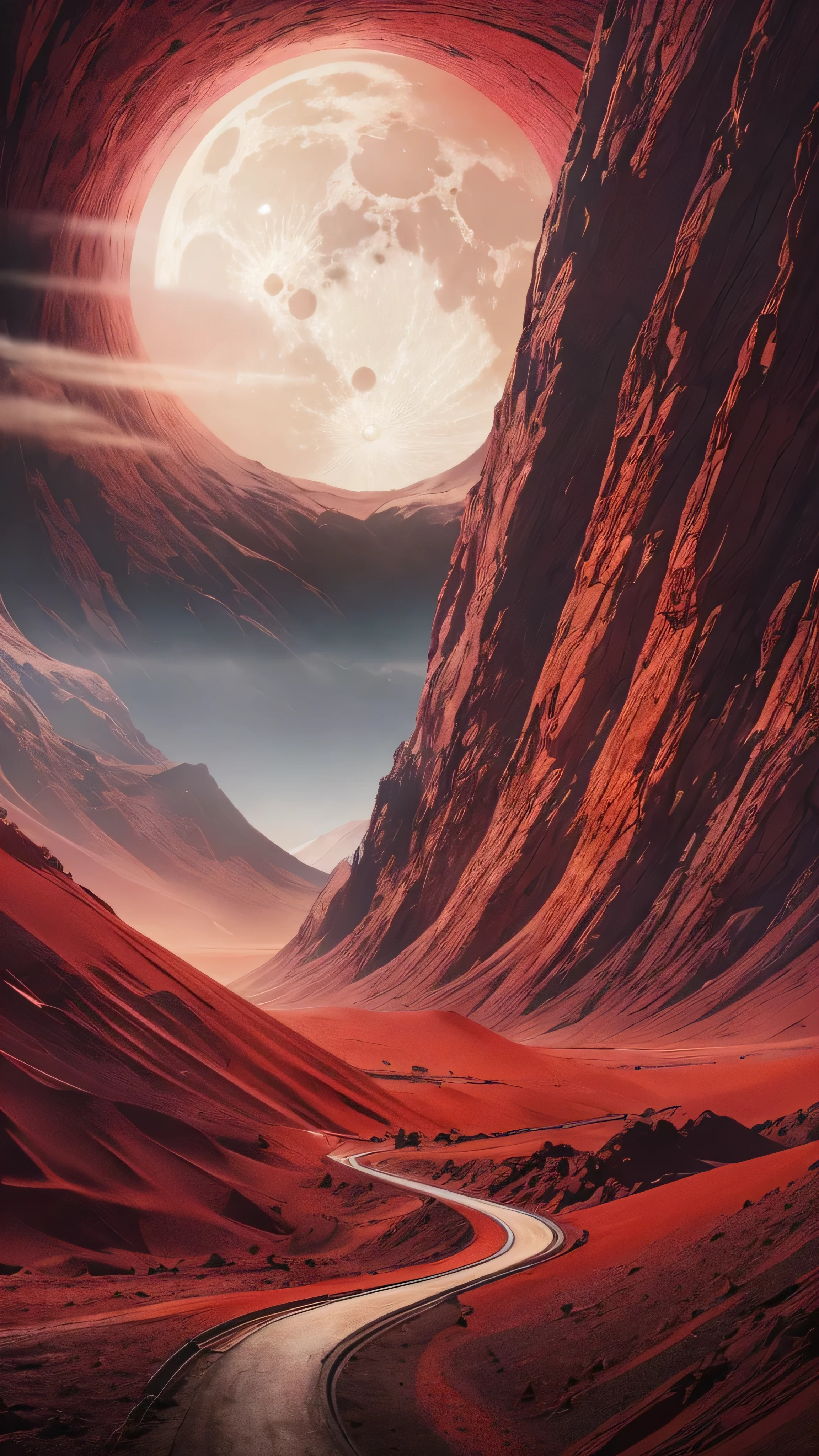  high-definition picture ，  Curve Light Ivory and Red Creative Spray Paint Shiny,  Dystopian Thriller , ((masterpiece))  Dramatic Half Moon Night  ,  Shadow Under Dramatic Valley Mountain  , Cloudy Sandstorm Night  