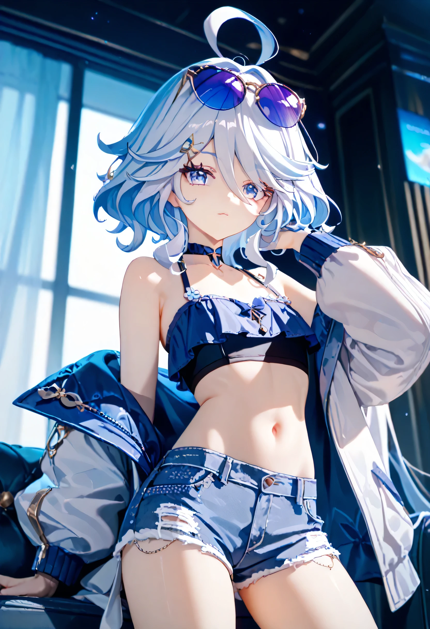 Best quality, top quality, furina, genshin, cyberpunk clothes, flat chest, skinny body, medium hair, belly button out, black hair 、hairclip, hairband hair bow, daisy duke shorts, frill crop top, oversized fleece jacket, round eyewear, purple sunglasses, eyewear on head, ahoge, hand in own hair