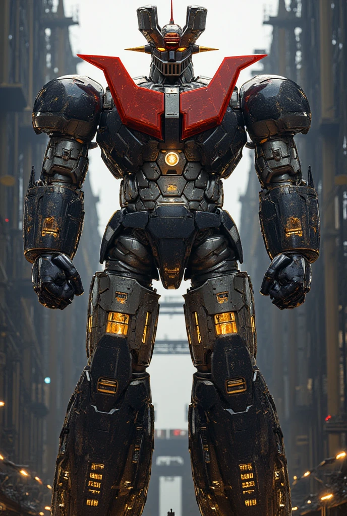  a highly realistic version of the modified Mazinger Z ,  standing 100 meters high in a forward position.  constructed with modern materials such as steel ,  Carbon Fiber ,  other industrial elements are also visible ,  just like the real thing ,  where high voltage current flows and emits light have been carefully recreated. It is set in a modern nuclear reactor facility industrial environment ,  the appearance of Mazinger Z standing around ,  illuminated by natural light 、 huge structures highlighted with realistic shadows . LED light lighting 　Gundam