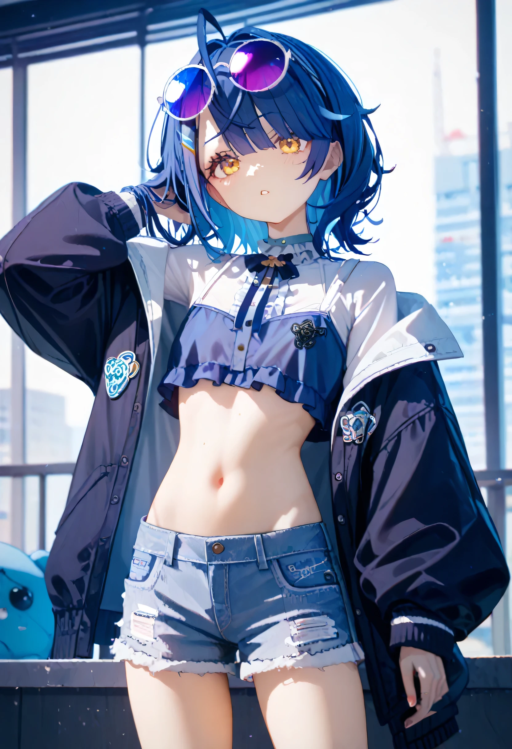 Best quality, top quality, amamiya kokoro, nijisanji, cyberpunk clothes, flat chest, skinny body, medium hair, blue hair, belly button out, black hair 、hairclip, hairband hair bow, daisy duke shorts, frill crop top, oversized fleece jacket, round eyewear, purple sunglasses, eyewear on head, ahoge, hand in own hair