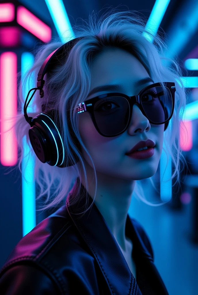 L1, beautiful woman wearing curly hair and sunglasses wearing large headphones、 wearing large headphones - earpiece or surround、 Room of Darkness 、Neon Cyberpunk at night 、 coordinator Neon Glow ,White Hair, 8K Octane, Baroque, Blue eyes, Motion Lines, full body
