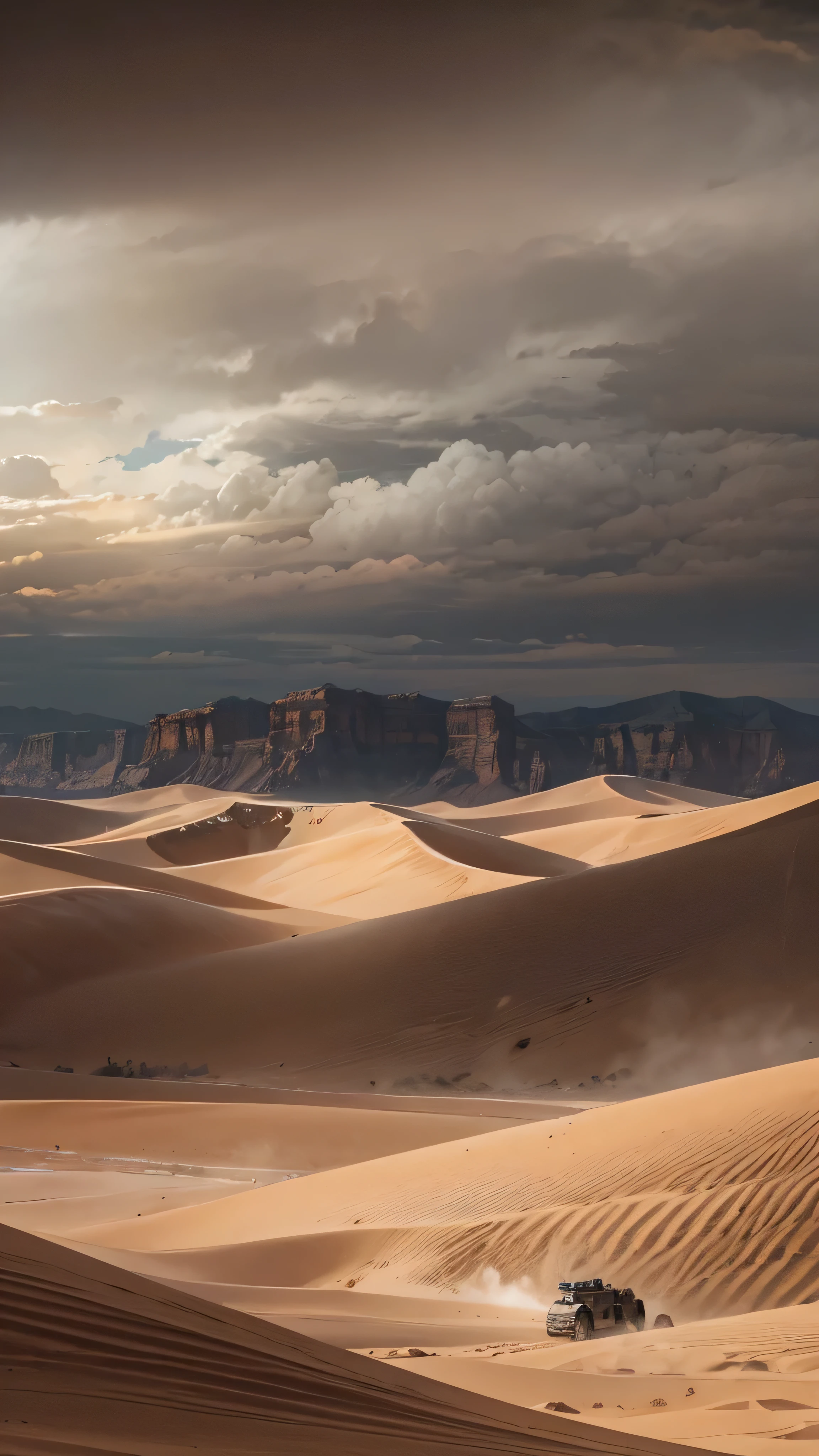  high-definition picture 、 Dystopian Thriller , ((masterpiece))  Dramatic Half Moon Night  ,  Desert Storm 、 Shadow Under Dramatic Valley Mountain Bright、 Cloudy Sandstorm  