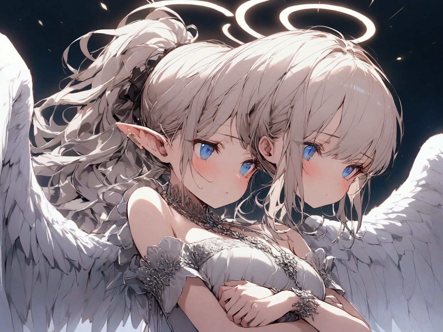 masterpiece,best quality,ultra-detailed,realistic,extremely detailed CG unity 8K wallpaper,left_right,full body,fantacy,white background,From the side Side,2 girls,angel and demon,The angel sat on the bed shy and terrified，The demon approaches the angel，And looked straight at her,(white hair,white dress,White angel wings:1.2),(black hair,black dress,Black demon wings:1.2)