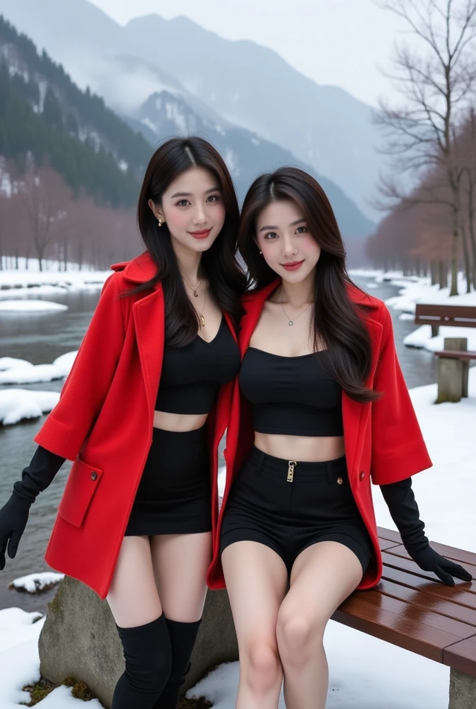 L1, realistic image, cute korean woman, 20 years old, white skin, korean makeup, double eyelid, long eyelashes natural libs, small piercings on ears, thin golden necklace, black straight long hair, big bust, wearing red cape coat and mini skirt, black ankle boots with 9 inch heels, black pantyhose, long legs, thin waist, smiling faintly, full body image, dating with friend, leaning on a bench beside a stream in winter mountain