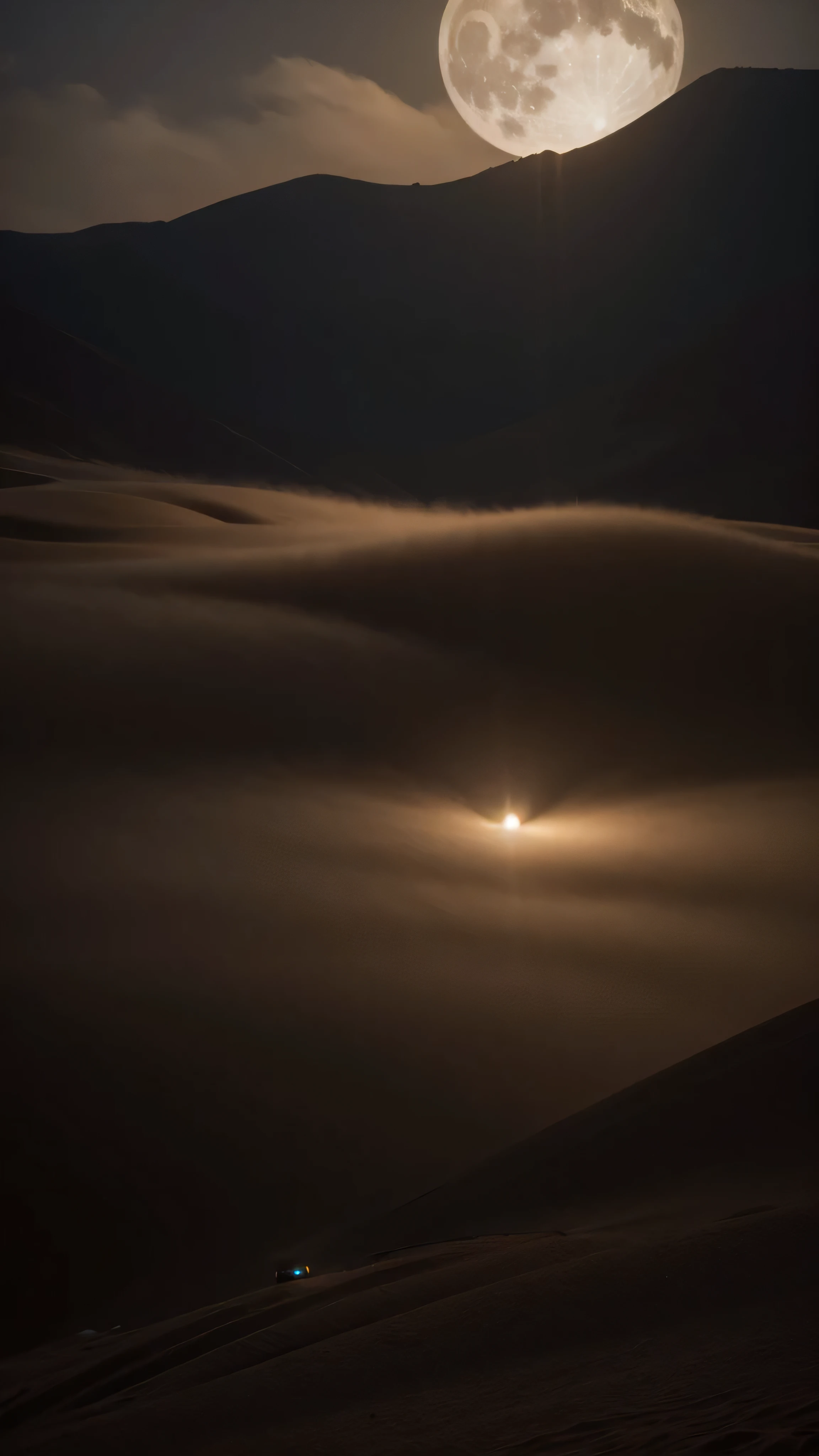  high-definition picture 、one perfect image 、 Dystopian Thriller , ((masterpiece))  Dramatic Half Moon Night  , Desert Storm 、Shadow、 Underdramatic Valley Mountain、 Bright moonlight、 Cloudy Sandstorm 