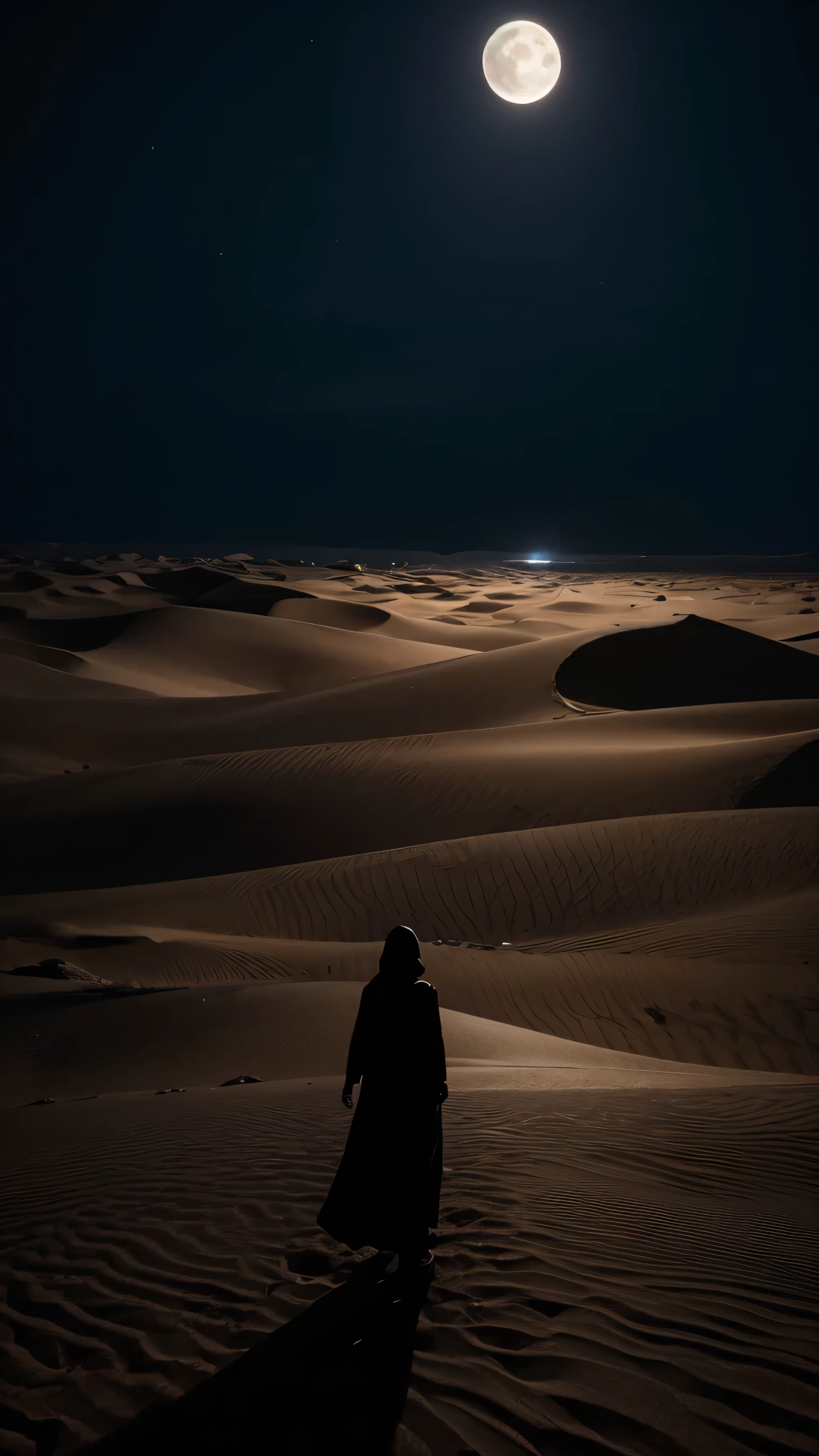  high-definition picture 、one perfect image 、 Dystopian Thriller , ((masterpiece))  Dramatic Half Moon Night  , Desert Storm 、Shadow、 Underdramatic Valley Mountain、 Bright moonlight、 Cloudy Sandstorm 