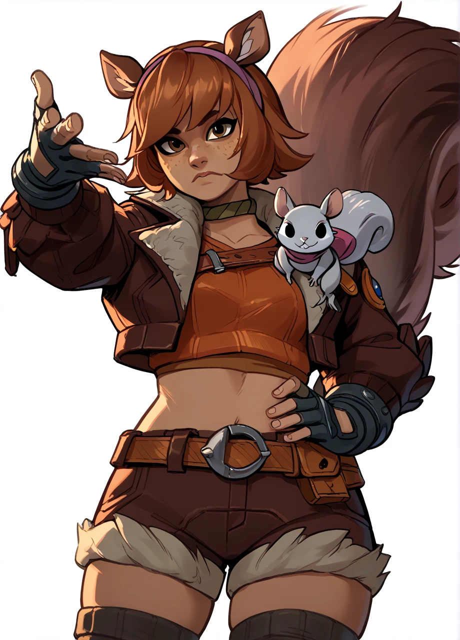 1girl, white background, crop top, open jacket, fingerless gloves, shorts, belt, thighhighs, short hair, hairband, squirrel tail, freckles, mrsqrgrl, EminemThrowingMeme, motion blur, throwing, looking at viewer, small creature, rodent, score_8_up, score_7_up, score_6_up, score_5_up, score_4_up,