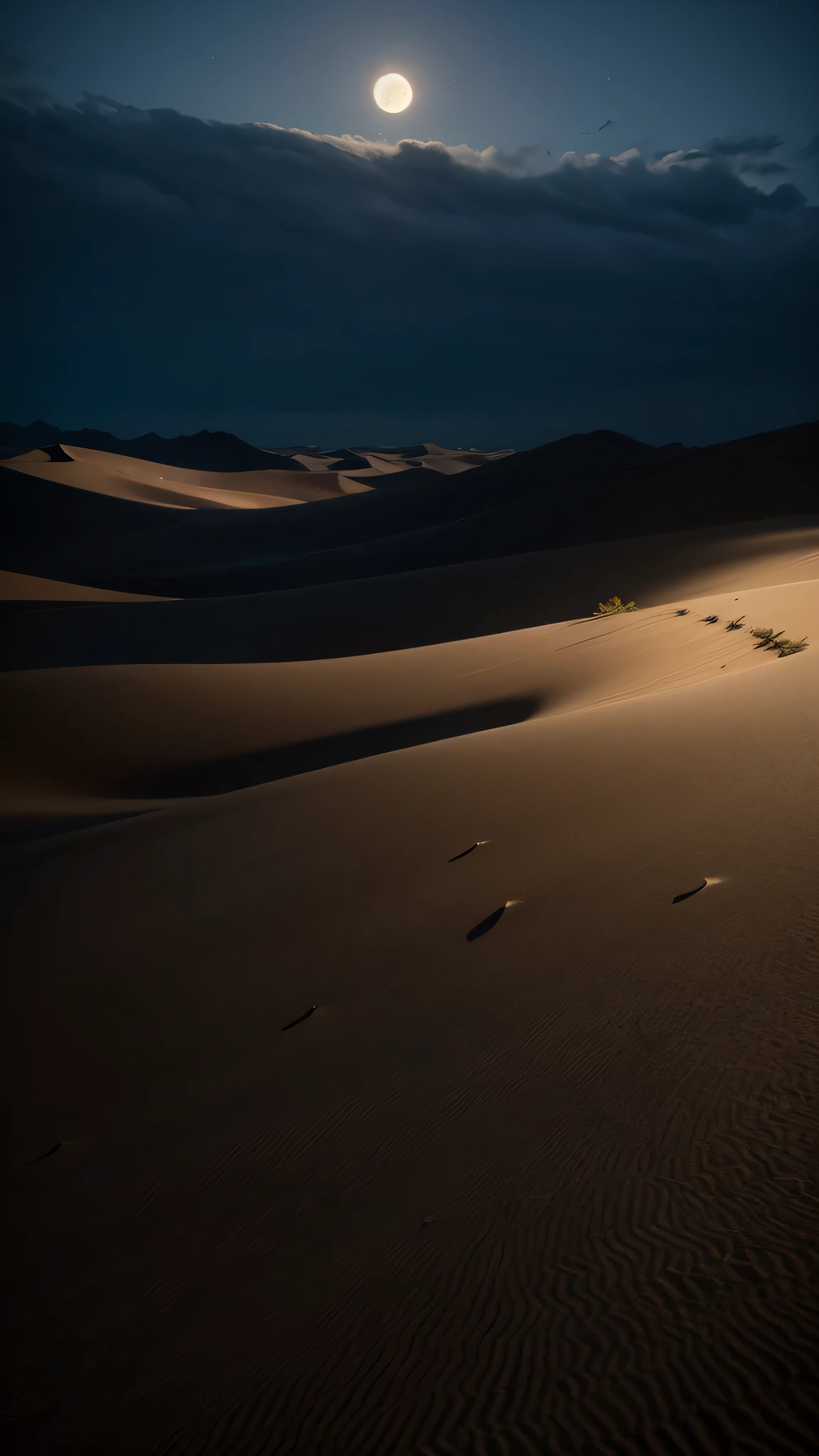  high-definition picture 、one perfect image 、 ((masterpiece))  Dramatic Half Moon Night  , Desert Storm 、Shadow、 Underdramatic Valley Mountain、 Bright moonlight、 Cloudy Sandstorm 