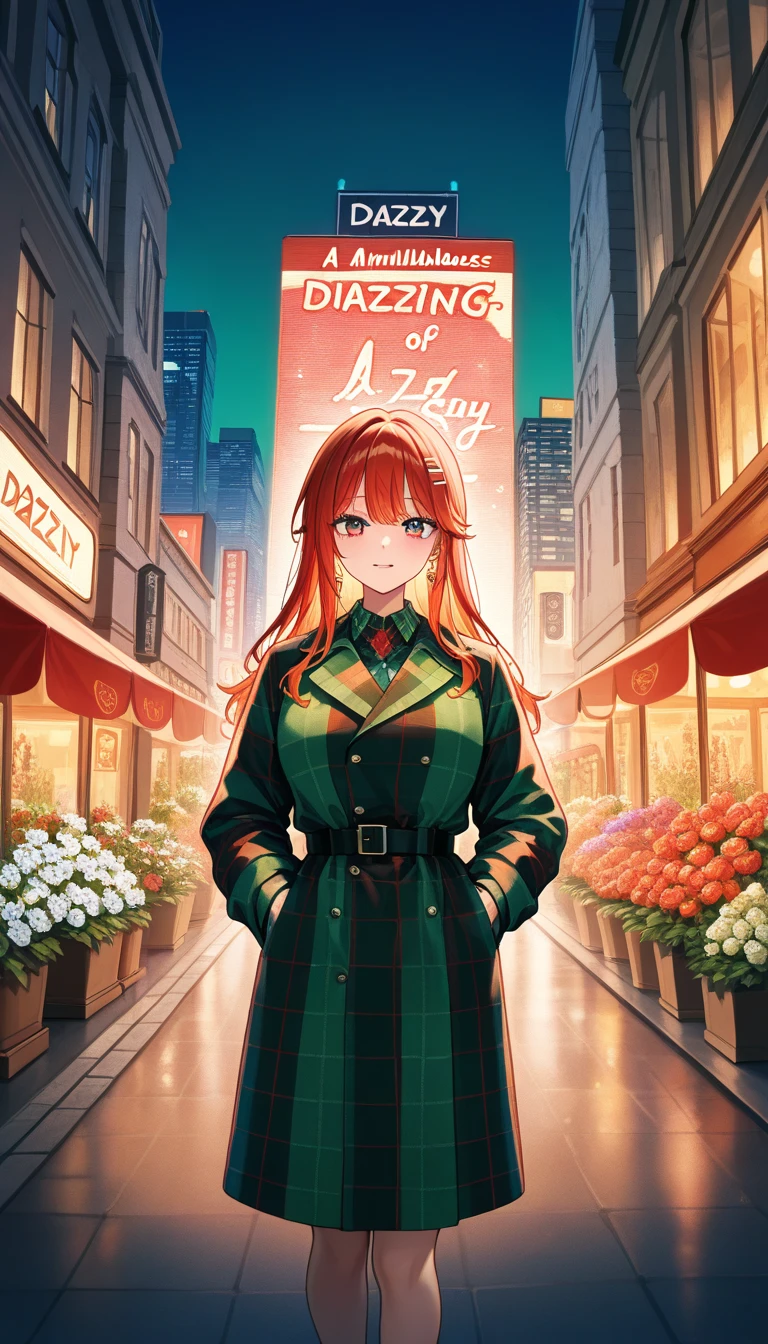 Backstreets of New York, (A multitude of dazzling illuminations decorate the city: 1.6), A woman on her way home from work, A city full of lights, An adult woman, alone, A vibrant town, An illustration in front of a flower shop with many flowers lined up, To you, (Red and green tartan coat: 1.4) is a main color illustration, A busy city, A beautiful woman, , An illustration of red and green tartan check