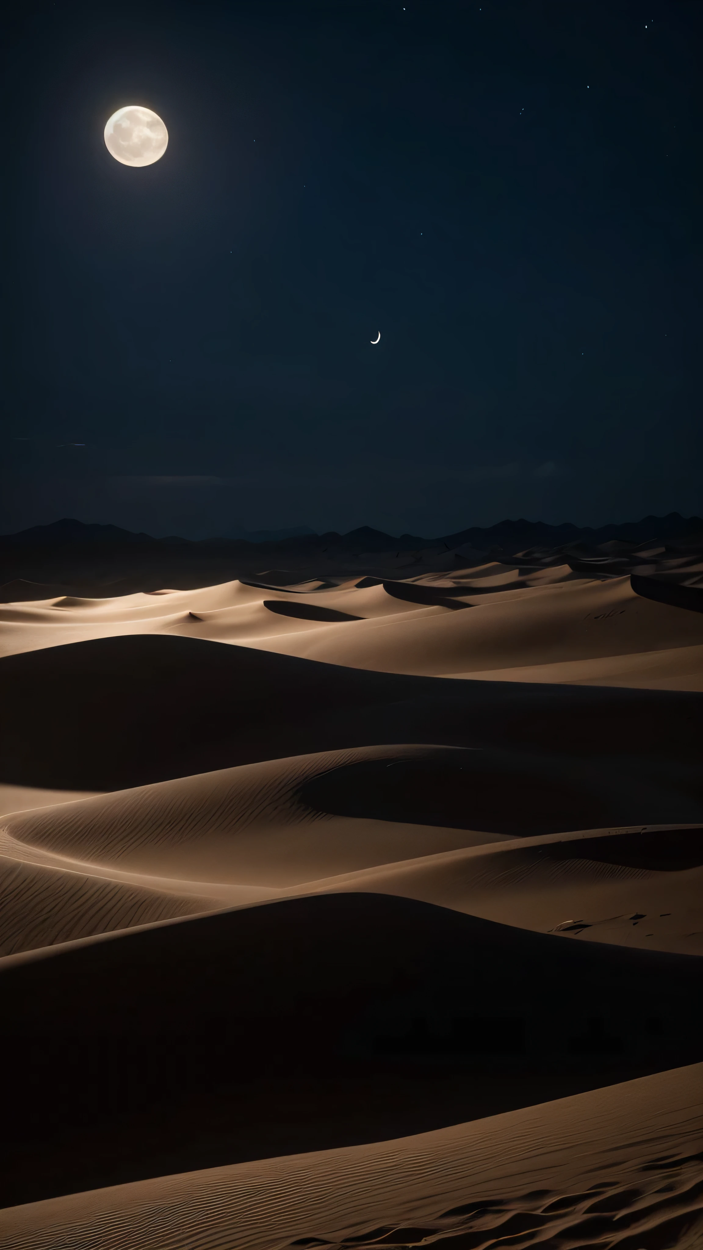  high-definition picture 、one perfect image 、 ((masterpiece))  Dramatic Half Moon Night  , Desert Storm 、Shadow、 Underdramatic Valley Mountain、 Bright moonlight、 Cloudy Sandstorm 