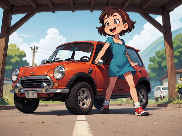   octane rendering、(  hyper-detail : 1.2)、(Soft light、 sharp: 1.2)、、countryside、OLD RED JAPANESE MINI CAR ，Front spoiler，Rear wing， over fender，Sports Muffler，Very short dress、  cute young girl  ， car in the passenger seat， DYNAMIC DRIVING EXPERIENCE，street，  URBAN LIFESTYLE  ，Fast and Agile, Agile handling，Do a four-wheel drift，  sneakers，  NAKED ON A TABLE UNDER THE JACKET ，   anatomically accurate ，Laughter，  dazzling light  ，It will happen:1.2， Tamiya box art:1.2， Tamiya box art，