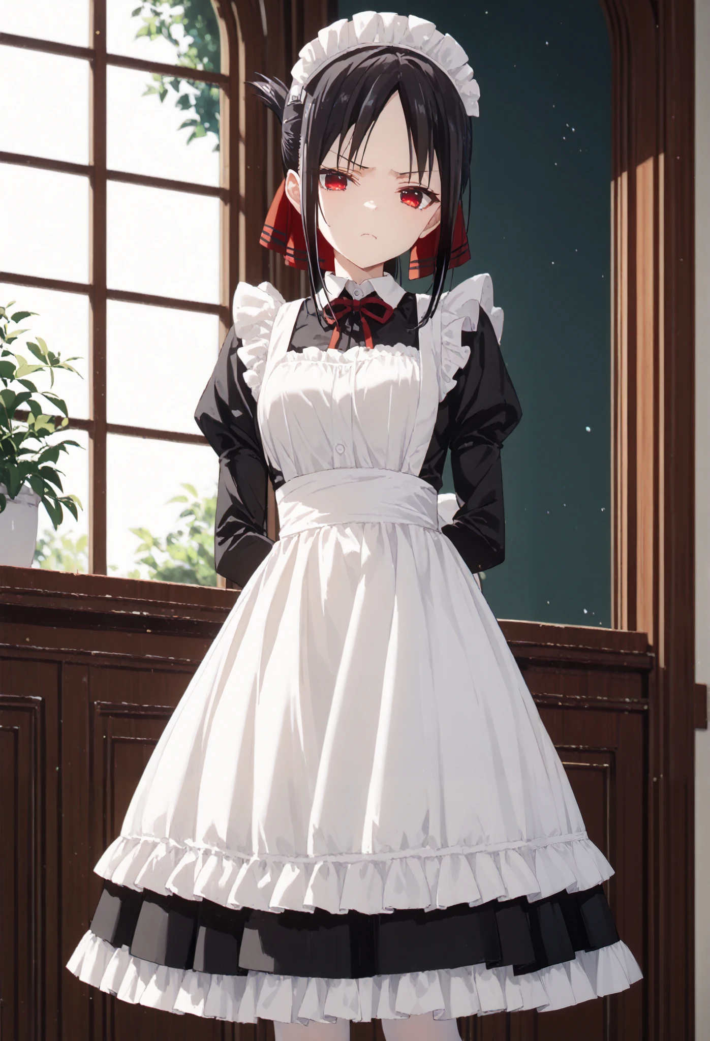  dressed in maid outfit  1girl, shinomiya kaguya,  red eyes, maid,black hair, , ribbon, maid headdress,kaguya shinomiya, short hair, bangs, black hair, red eyes, hair ribbon, sidelocks, folded ponytail, parted bangs,standing,full-body shot,white pantyhose,black heels,black skirt,white apron,window,marble,Grumpy expression