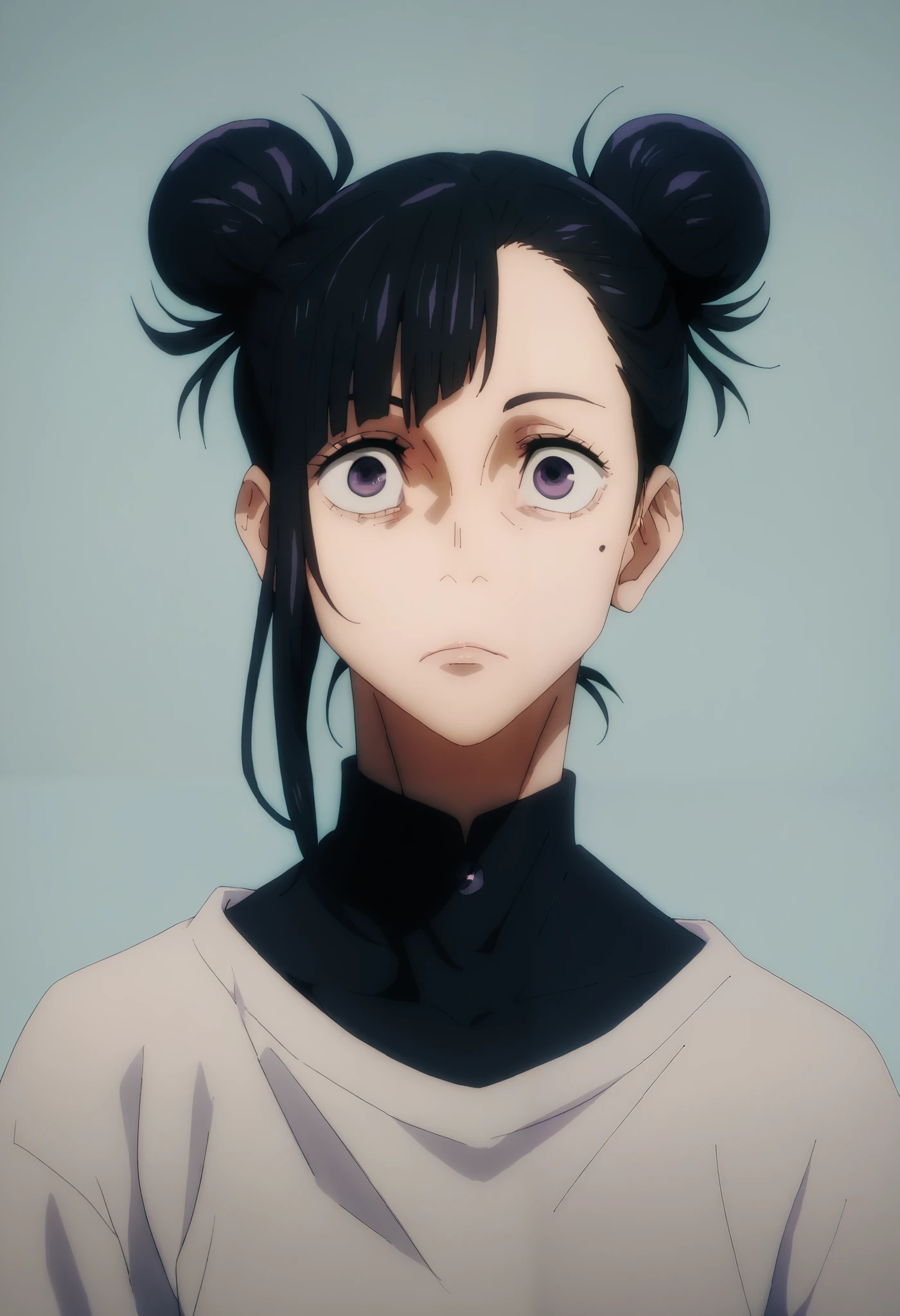 . A girl with black hair and. Dark clothes, asymmetrical hairbang , purple eyes, round face, best quality, messy buns, 