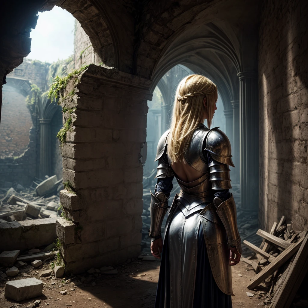 rear view of young sexy blonde female knight