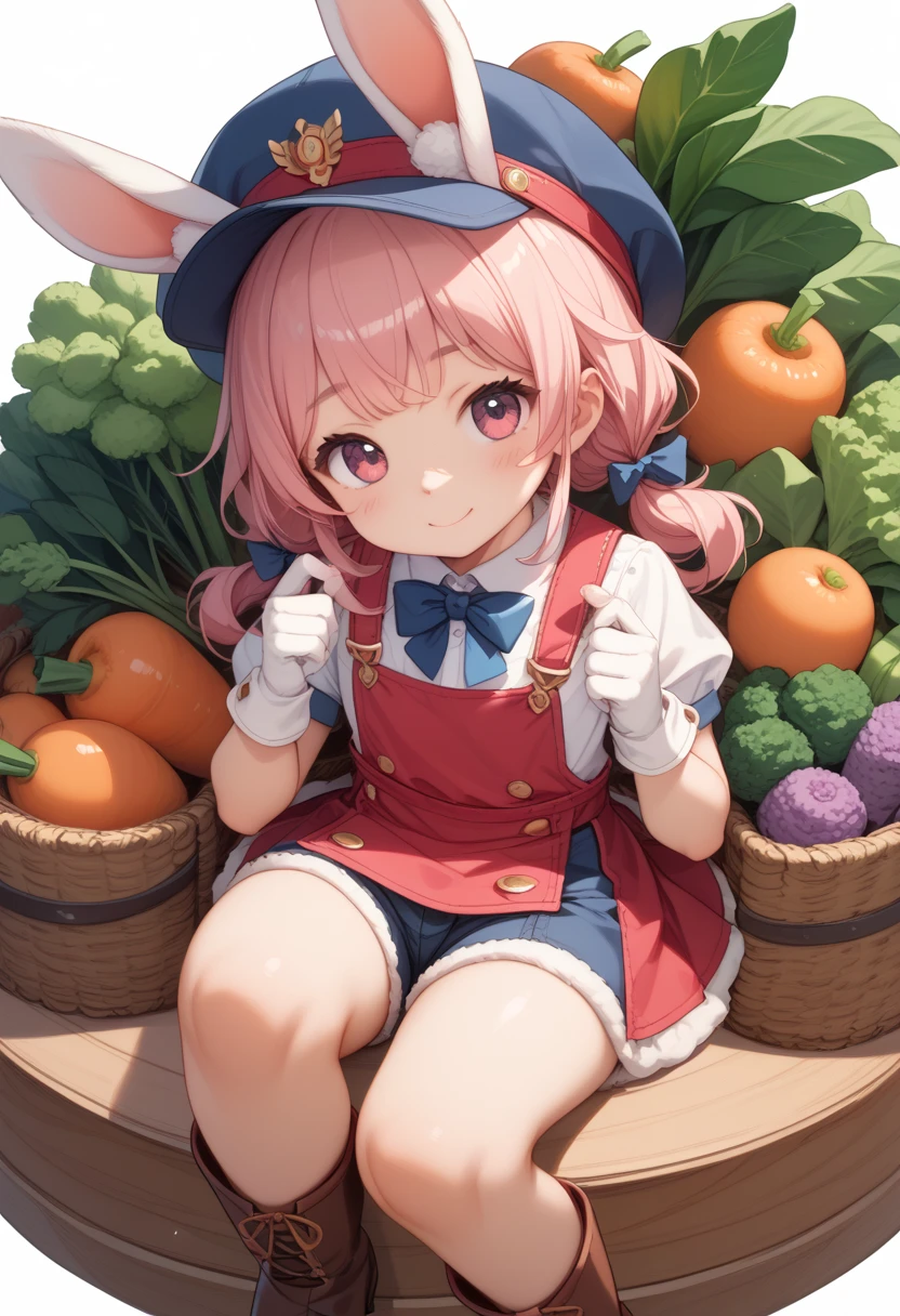 １ cute girl、Bouncy low twin、hot bangs 、Work Clothes with Fur  、hat、gloves、 boots、 miniature rabbit delivery man delivering vegetable boxes simple background、vegetable garden background 、masterpiece、 top quality 、 high res