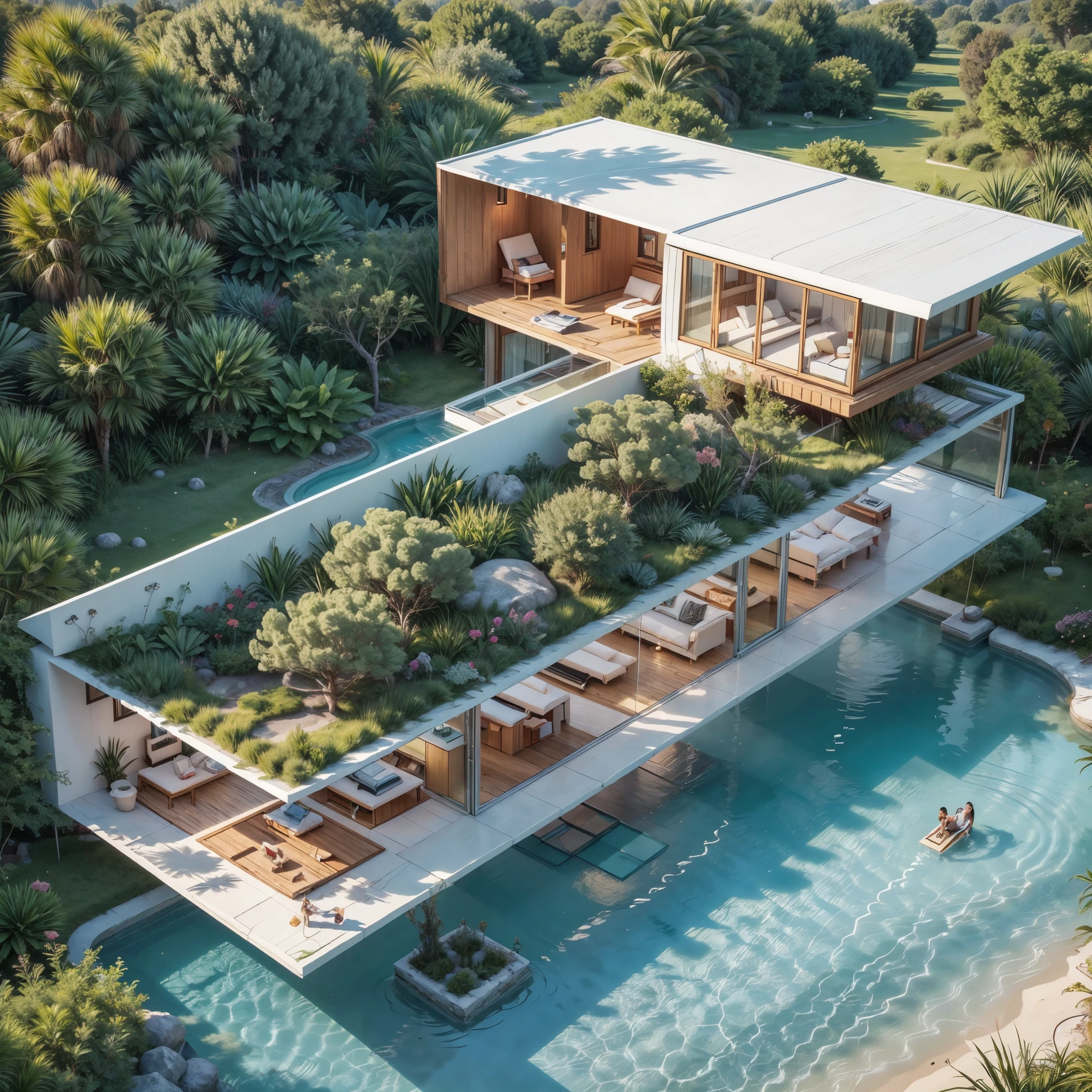 realistic house design, by zaha hadid, people, trees, compound, furniture, small pool