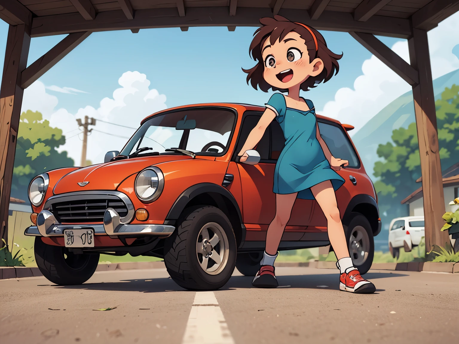   octane rendering、(  hyper-detail : 1.2)、(Soft light、 sharp: 1.2)、、countryside、OLD RED JAPANESE MINI CAR ，Front spoiler，Rear wing， over fender，Sports Muffler，Very short dress、  cute young girl  ， car in the passenger seat， DYNAMIC DRIVING EXPERIENCE，street，  URBAN LIFESTYLE  ，Fast and Agile, Agile handling，Do a four-wheel drift，  sneakers，  NAKED ON A TABLE UNDER THE JACKET ，   anatomically accurate ，Laughter，  dazzling light  ，It will happen:1.2， Tamiya box art:1.2， Tamiya box art，