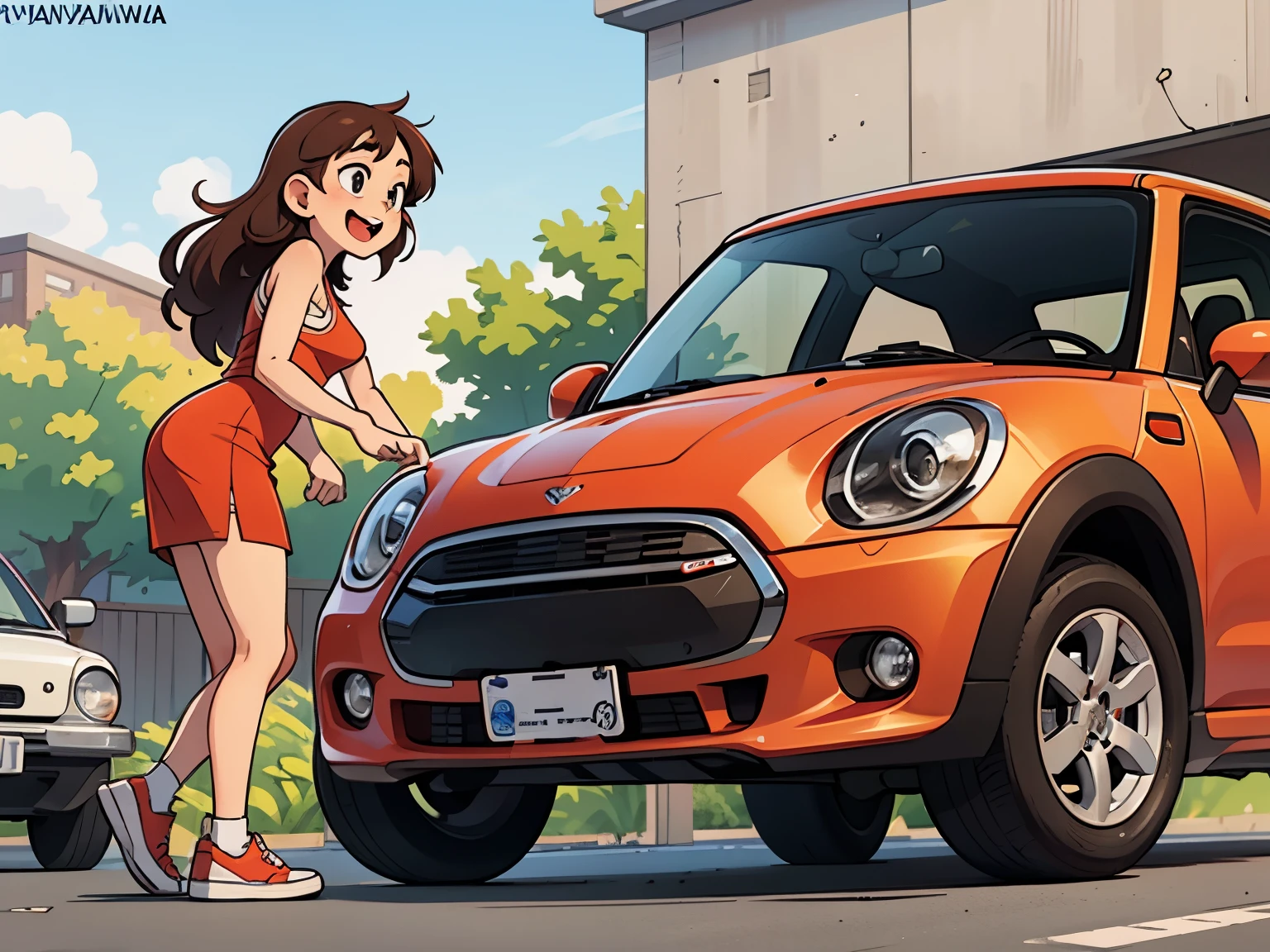   octane rendering、(  hyper-detail : 1.2)、(Soft light、 sharp: 1.2)、、countryside、OLD RED JAPANESE MINI CAR ，Front spoiler，Rear wing， over fender，Sports Muffler，Very short dress、  cute young girl  ， car in the passenger seat， DYNAMIC DRIVING EXPERIENCE，street，  URBAN LIFESTYLE  ，Fast and Agile, Agile handling，Do a four-wheel drift，  sneakers，  NAKED ON A TABLE UNDER THE JACKET ，   anatomically accurate ，Laughter，  dazzling light  ，It will happen:1.2， Tamiya box art:1.2， Tamiya box art，