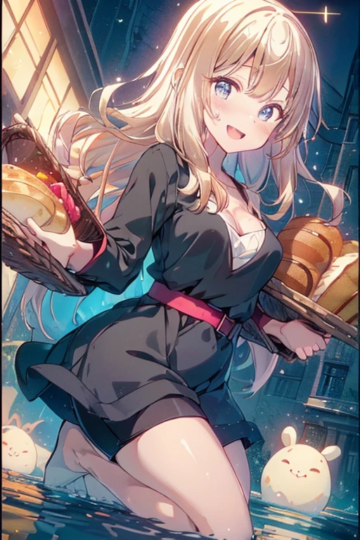 (perky chest:1.2), (pointed chest:1.2),(((Black Tunic:1.3))),(((cakes and bread in the basket),Cute and beautiful, 1girl, long hair, cleavage, blonde hair, looking at viewer, chopsticks, shorts, shirt, solo, have a coffee, rabbit stuffed toy, bright lighting, light pink andblue eyes, beautiful composition, cinematic lighting, extremely detailed, 8k, cinematic postprocessing, Maximum Facial Detail, Maximum Detailed Texture, Maximum Detailed Shadow, Maximum Detailed Background,bioluminescence,character focus, depth of field, glowing particles, glowing, reflection, blue theme, red theme, green theme, orange theme, yellow theme,highly detailed, ultra-sharp, 8K resolution,tokiame, (with sparkling eyes and a contagious smile),open mouth, Looking at Viewer, 
