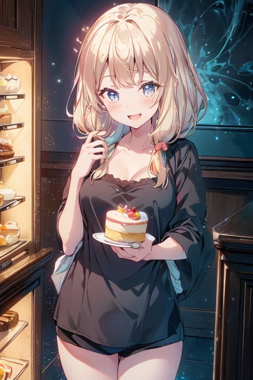 (perky chest:1.2), (pointed chest:1.2),(((Black Tunic:1.3))),(((cakes and bread in the basket),Cute and beautiful, 1girl, long hair, cleavage, blonde hair, looking at viewer, chopsticks, shorts, shirt, solo, have a coffee, rabbit stuffed toy, bright lighting, light pink andblue eyes, beautiful composition, cinematic lighting, extremely detailed, 8k, cinematic postprocessing, Maximum Facial Detail, Maximum Detailed Texture, Maximum Detailed Shadow, Maximum Detailed Background,bioluminescence,character focus, depth of field, glowing particles, glowing, reflection, blue theme, red theme, green theme, orange theme, yellow theme,highly detailed, ultra-sharp, 8K resolution,tokiame, (with sparkling eyes and a contagious smile),open mouth, Looking at Viewer, 
