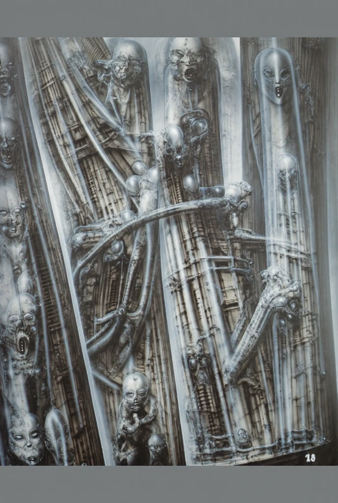 g1g3r, Giger_style, The image is a detailed view of H.R. Giger's \" NYC \" plate, featuring a complex network of bones and constructions.
 The image depicts a dense, vertical arrangement of skeletal figures and faces, tightly packed and interconnected. The overall impression is one of a claustrophobic, organic machine or a biomechanical wall.
Figures: The figures are primarily skeletal, with elongated skulls, prominent eye sockets, and visible rib cages. Some figures are more complete skeletons, while others are reduced to just faces or partial torsos. They are often contorted or intertwined.
The figures are embedded in or connected by a network of pipe-like structures, tubes, and organic-looking tendrils. These elements create a sense of depth and complex
 The background is a dark and  limited  space  painted  in  a  uniform  blue-green color.  This  lack  of  detail  keeps  the  focus  on  the  figures  and  creates  a  sense  of  mystery  about  their  environment.  Receding into the distance  are  a  series  of  arches  and  tunnels  that  hint  at  a  larger  biomechanical  landscape,  possibly  the  work  of  the  creatures  themselves The artwork is silver and purplish brown, with an ivory bones prominently displayed. The image is highly detailed and intricate, almost like a 3d version of a medical diagram (detailed view of an anatomy model, possibly of a human body, with transparent organs and bones exposed). The piece has a thick mechano-organic texture and is covered in fine details. The image has a swirling, organic quality to it. The artistic manner would be unmistakably Gigeresque. A dark and unsettling beauty would permeate the piece, blurring the lines between fascination and repulsion , forever haunted by the grotesque allure. Giger's signature artistic manner would be evident in every stroke. The airbrush would be wielded with masterful precision to create a hyperrealistic yet nightmarish aesthetic.., ooze soaked pajama top
