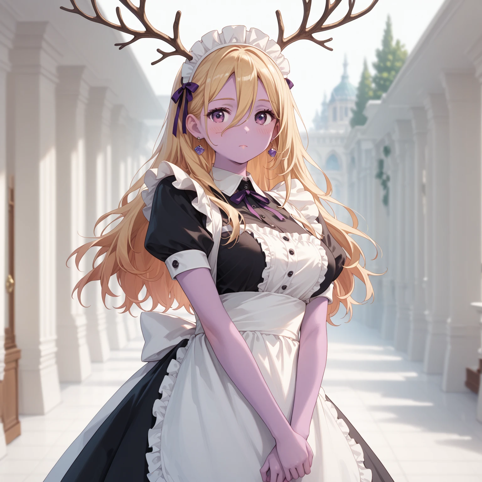 beth, 1 girl, Alone,  long hair,   looking at the spectator, blush,  blond hair ,  big breasts,  simple background,  white background, dress, neckline,  hair between her eyes ,  purple eyes, clavicle, short sleeve, Ornaments, antlers, apron, maid, maid headdress, with purple skin tone ,  arms crossed, enmaided, 


masterpiece,  best quality, amazing quality,  very aesthetic, absurdres,  Depth of field,  blurry background ,  face,  detailed eyes 