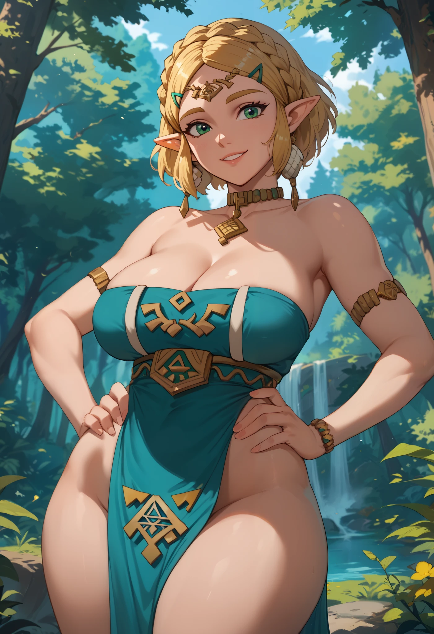 1 girl, solo, zeldadress, pointy ears, braid, hair ornament, hairclip, crown braid, bangs, green eyes, parted bangs, blonde hair, short hair, jewelry, large breasts, naked pelvic curtain, cleavage, outdoors, forest, standing, upper body, hands on hip, huge ass, smile, from the side